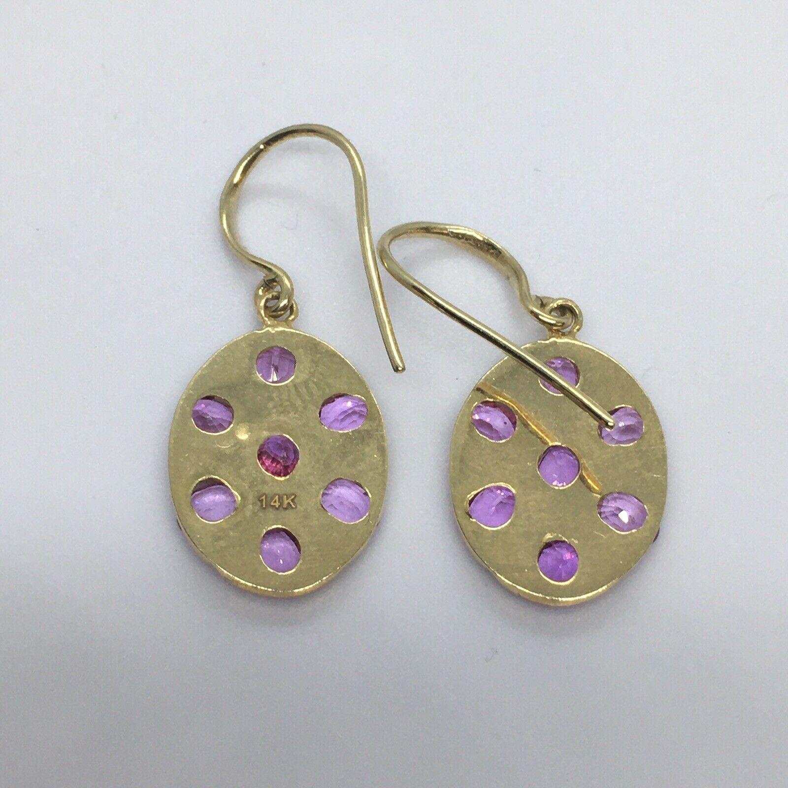 14K Solid Yellow Gold Oval Pink Sapphire Dangling Wire Earrings Hanging In New Condition For Sale In Santa Monica, CA