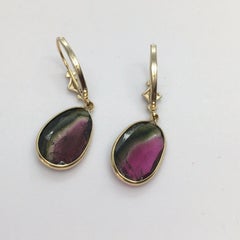14K Solid Yellow Gold Oval Rose Cut Bicolor Tourmaline Dangling Wire Earrings