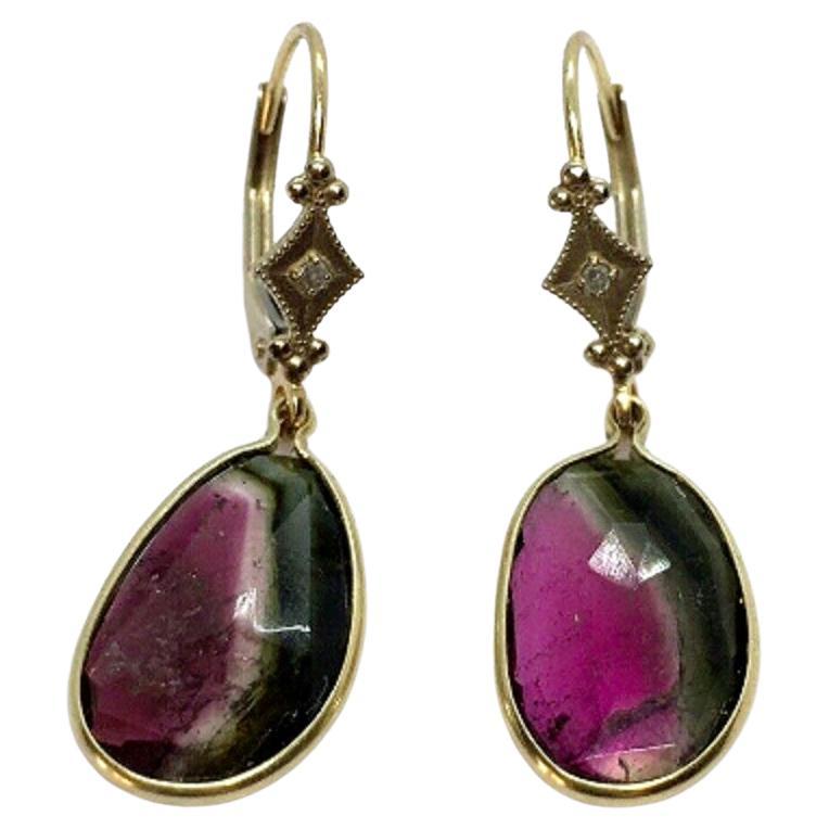 14K Solid Yellow Gold Oval Rose Cut Bicolor Tourmaline Dangling Wire Earrings For Sale
