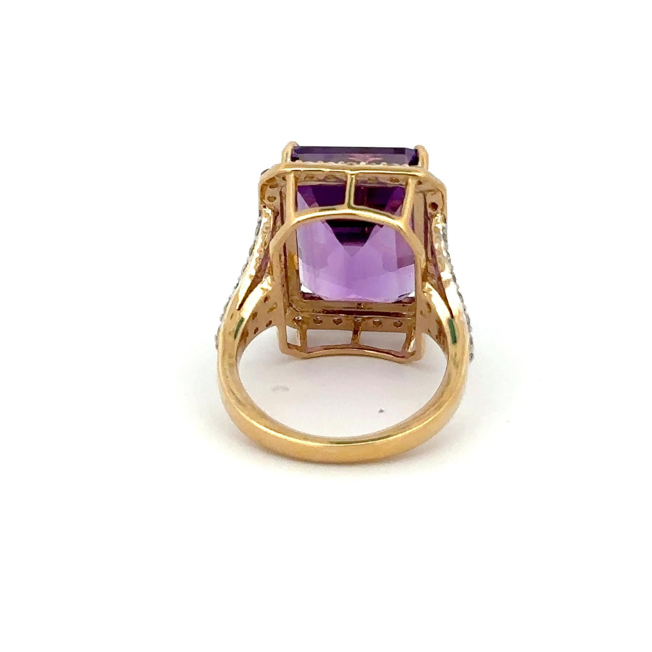 For Sale:  14k Solid Yellow Gold 13.33 Ct Large Octagon Amethyst and Diamond Cocktail Ring 10