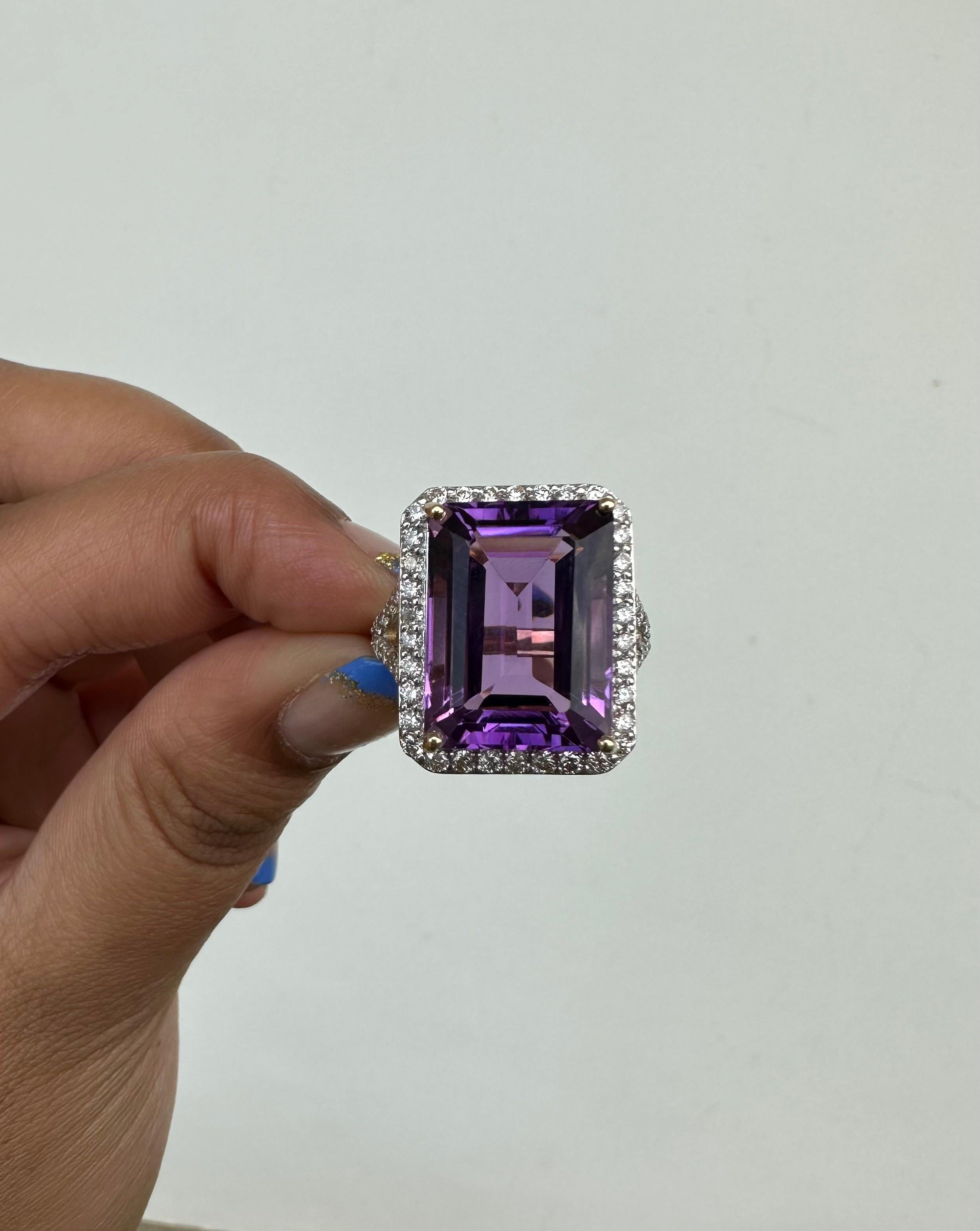 For Sale:  14k Solid Yellow Gold 13.33 Ct Large Octagon Amethyst and Diamond Cocktail Ring 11