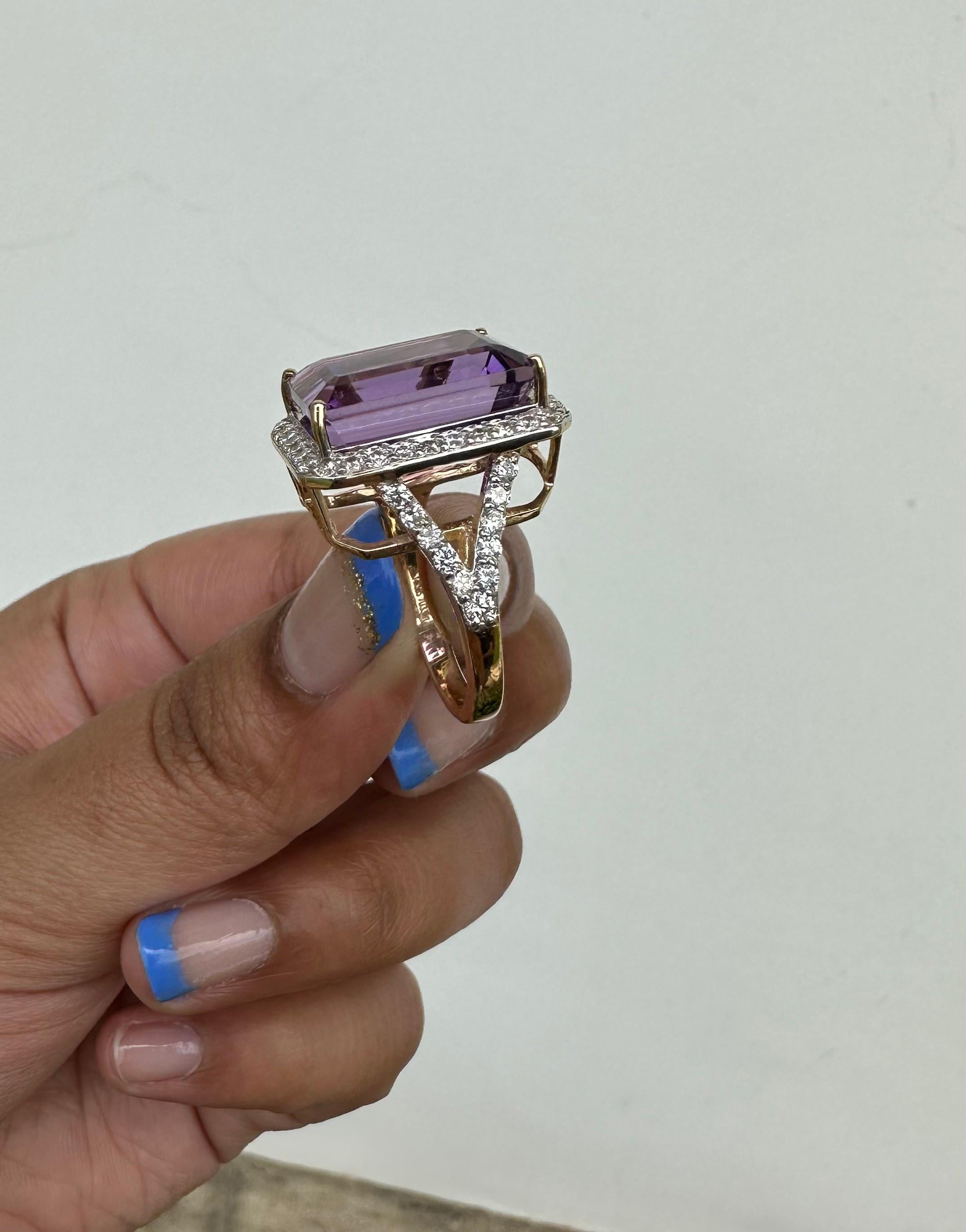 For Sale:  14k Solid Yellow Gold 13.33 Ct Large Octagon Amethyst and Diamond Cocktail Ring 12