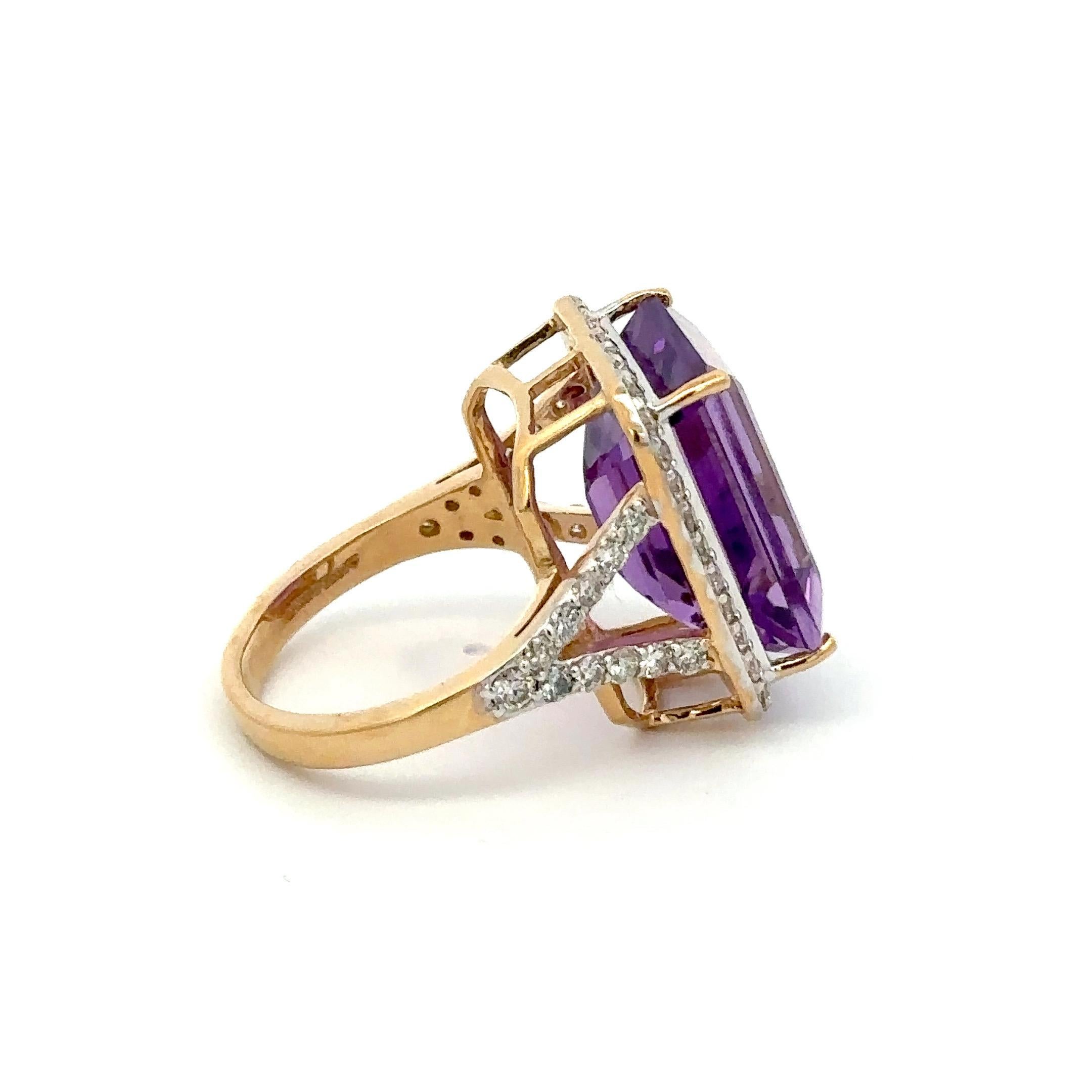 For Sale:  14k Solid Yellow Gold 13.33 Ct Large Octagon Amethyst and Diamond Cocktail Ring 13