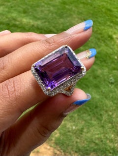 14k Solid Yellow Gold 13.33 Ct Large Octagon Amethyst and Diamond Cocktail Ring