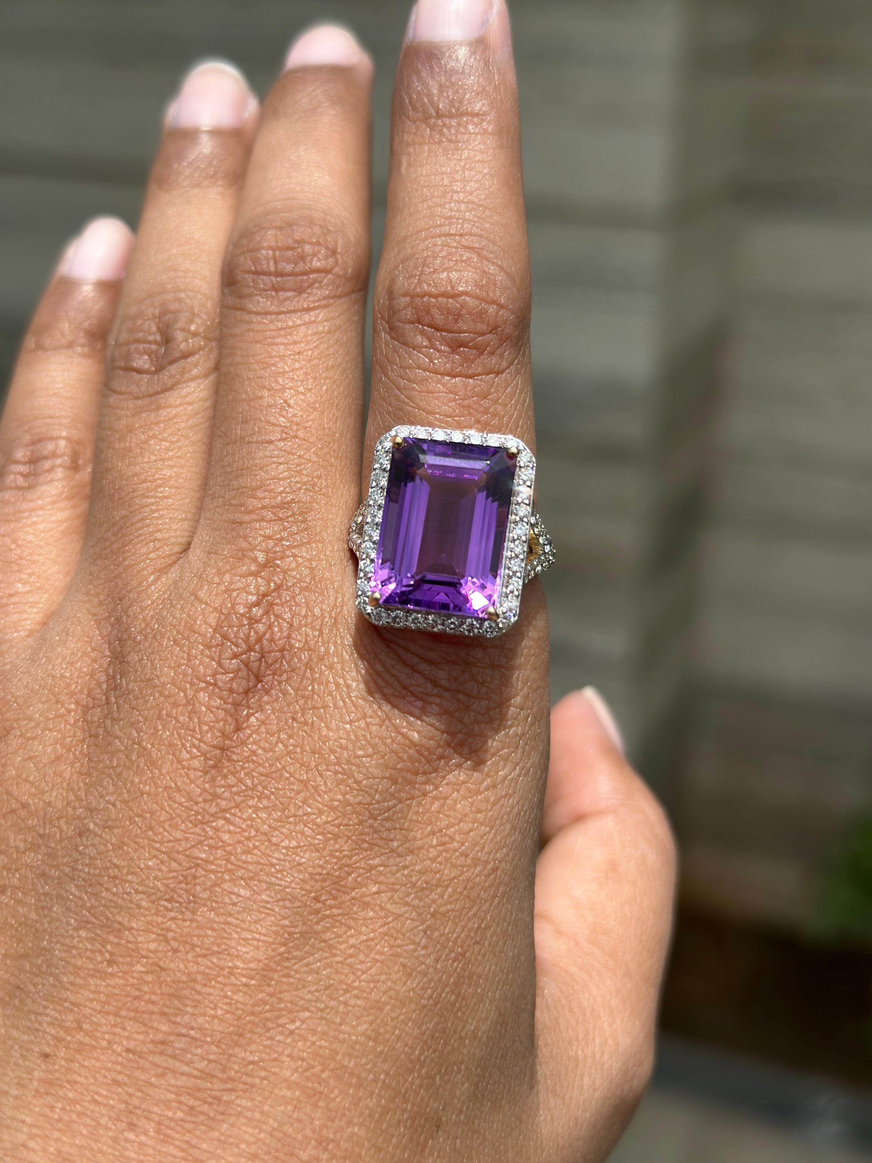 For Sale:  14k Solid Yellow Gold 13.33 Ct Large Octagon Amethyst and Diamond Cocktail Ring 3