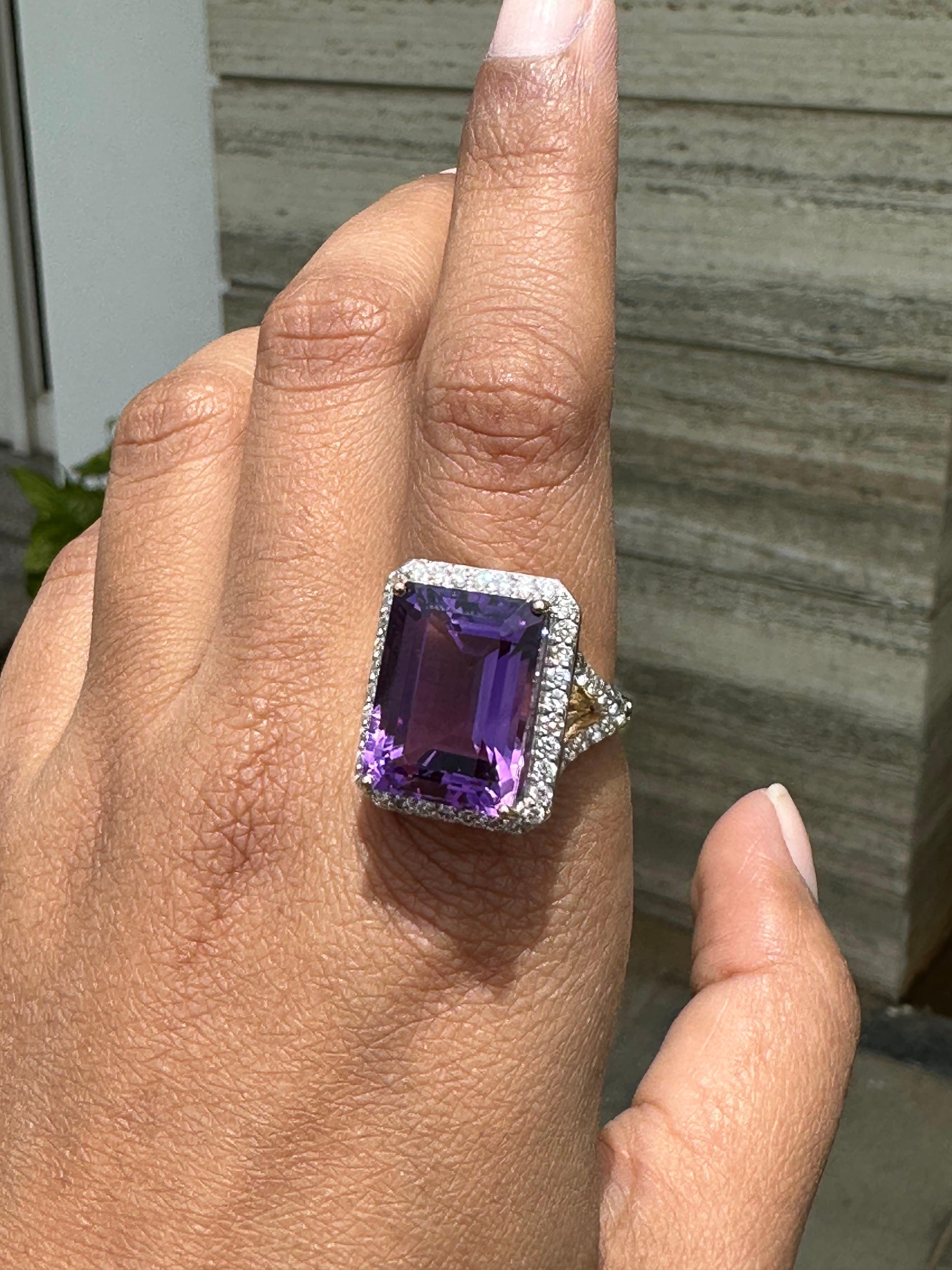 For Sale:  14k Solid Yellow Gold 13.33 Ct Large Octagon Amethyst and Diamond Cocktail Ring 6