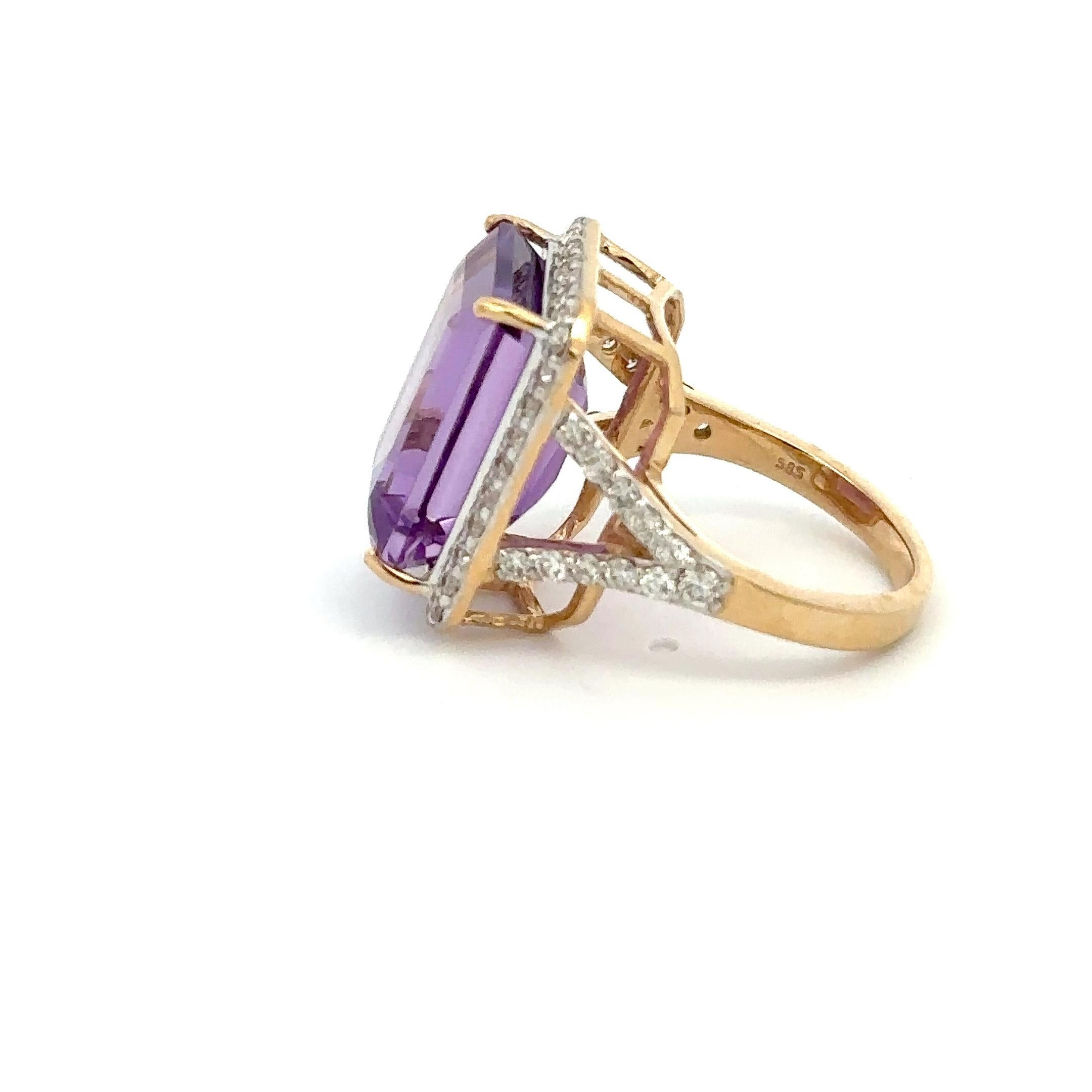 For Sale:  14k Solid Yellow Gold 13.33 Ct Large Octagon Amethyst and Diamond Cocktail Ring 7