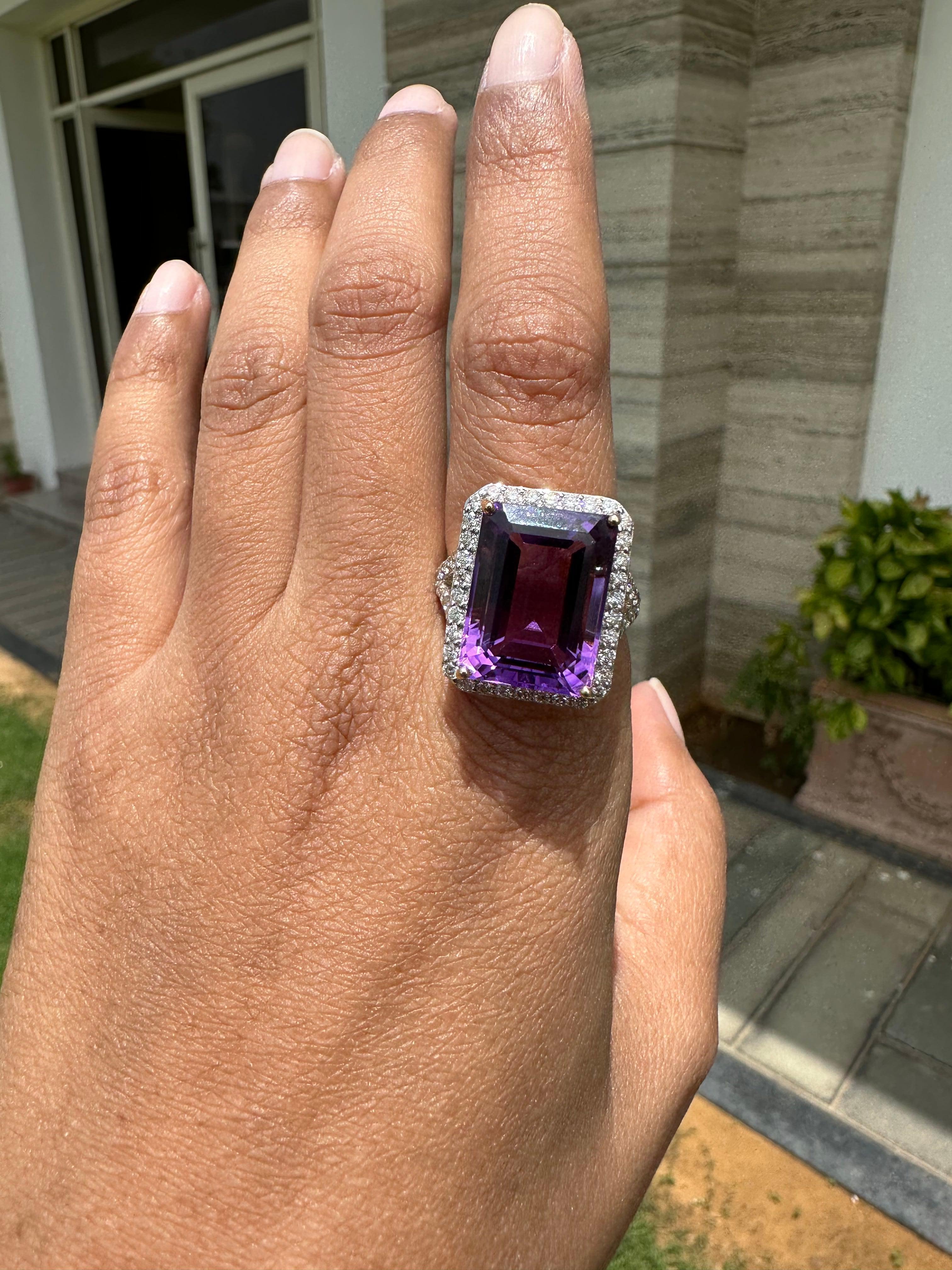 For Sale:  14k Solid Yellow Gold 13.33 Ct Large Octagon Amethyst and Diamond Cocktail Ring 8
