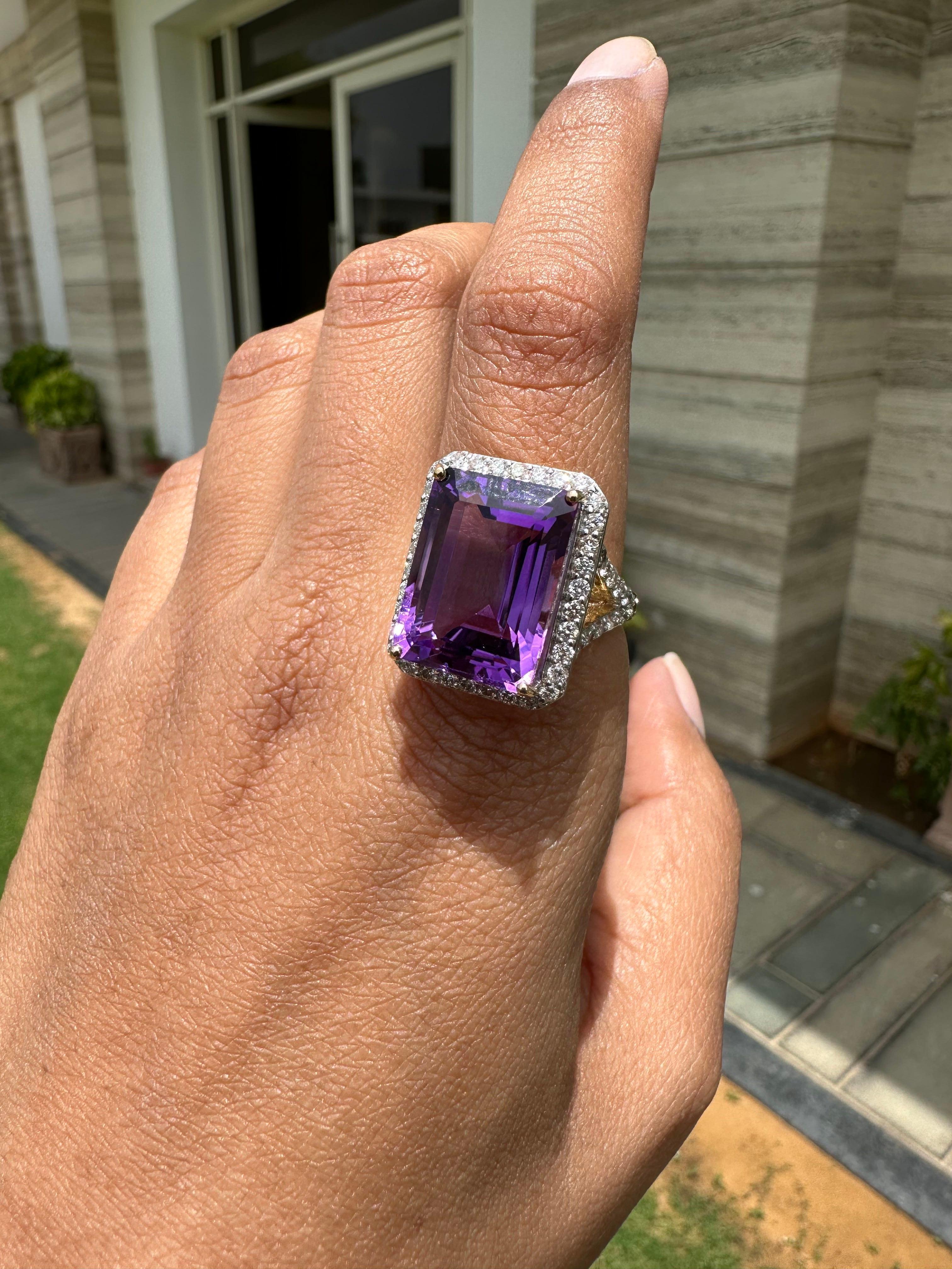 For Sale:  14k Solid Yellow Gold 13.33 Ct Large Octagon Amethyst and Diamond Cocktail Ring 9