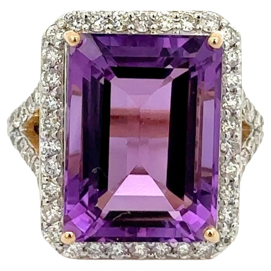 For Sale:  14k Solid Yellow Gold 13.33 Ct Large Octagon Amethyst and Diamond Cocktail Ring