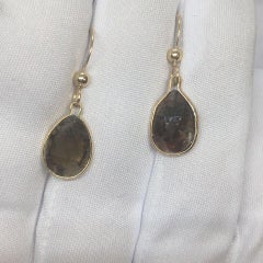 14K Solid Yellow Gold Rose Cut Salt & Pepper Diamond Dangling Wire Earrings