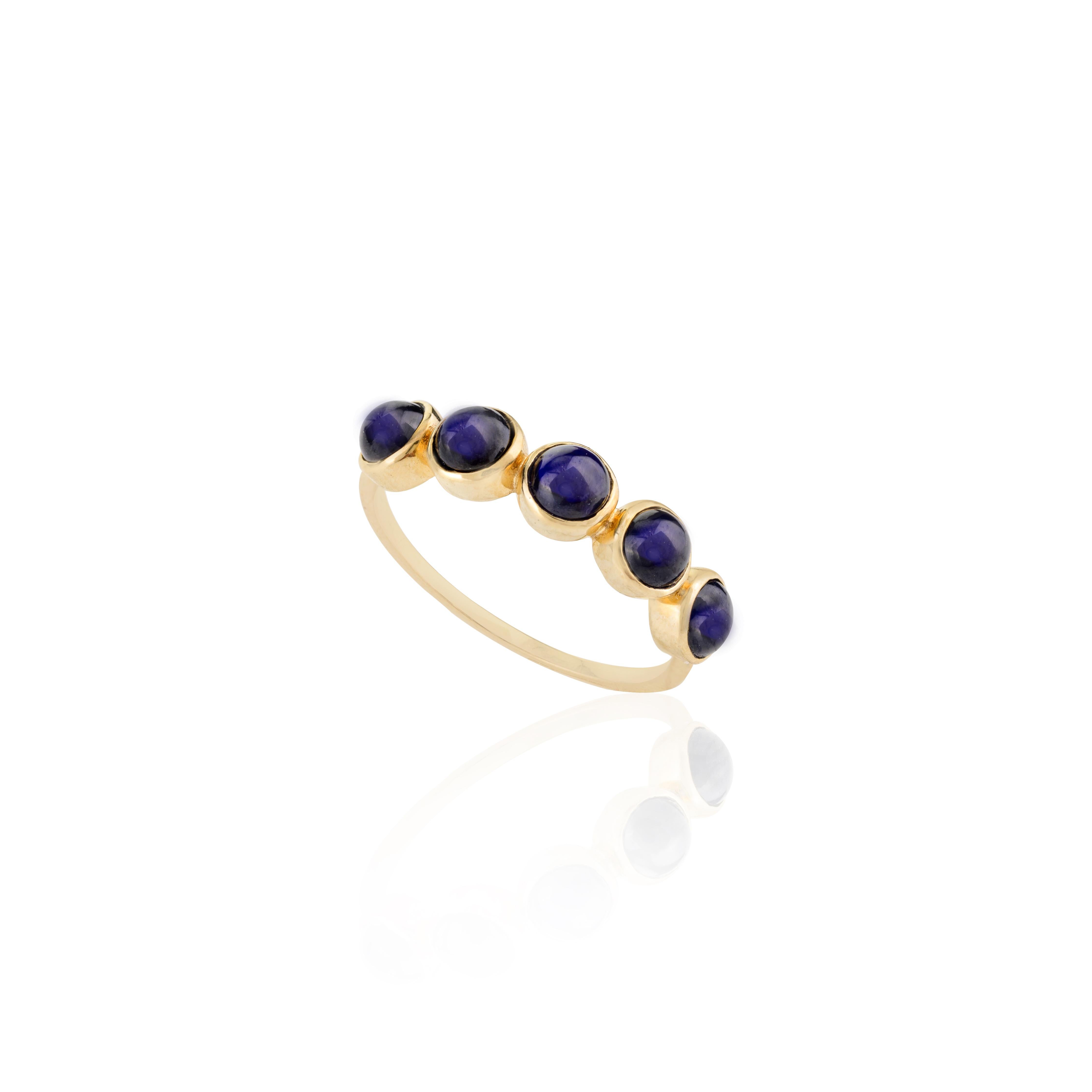 For Sale:  14k Solid Yellow Gold Round Cabochon Blue Sapphire Half Eternity Band Ring 4