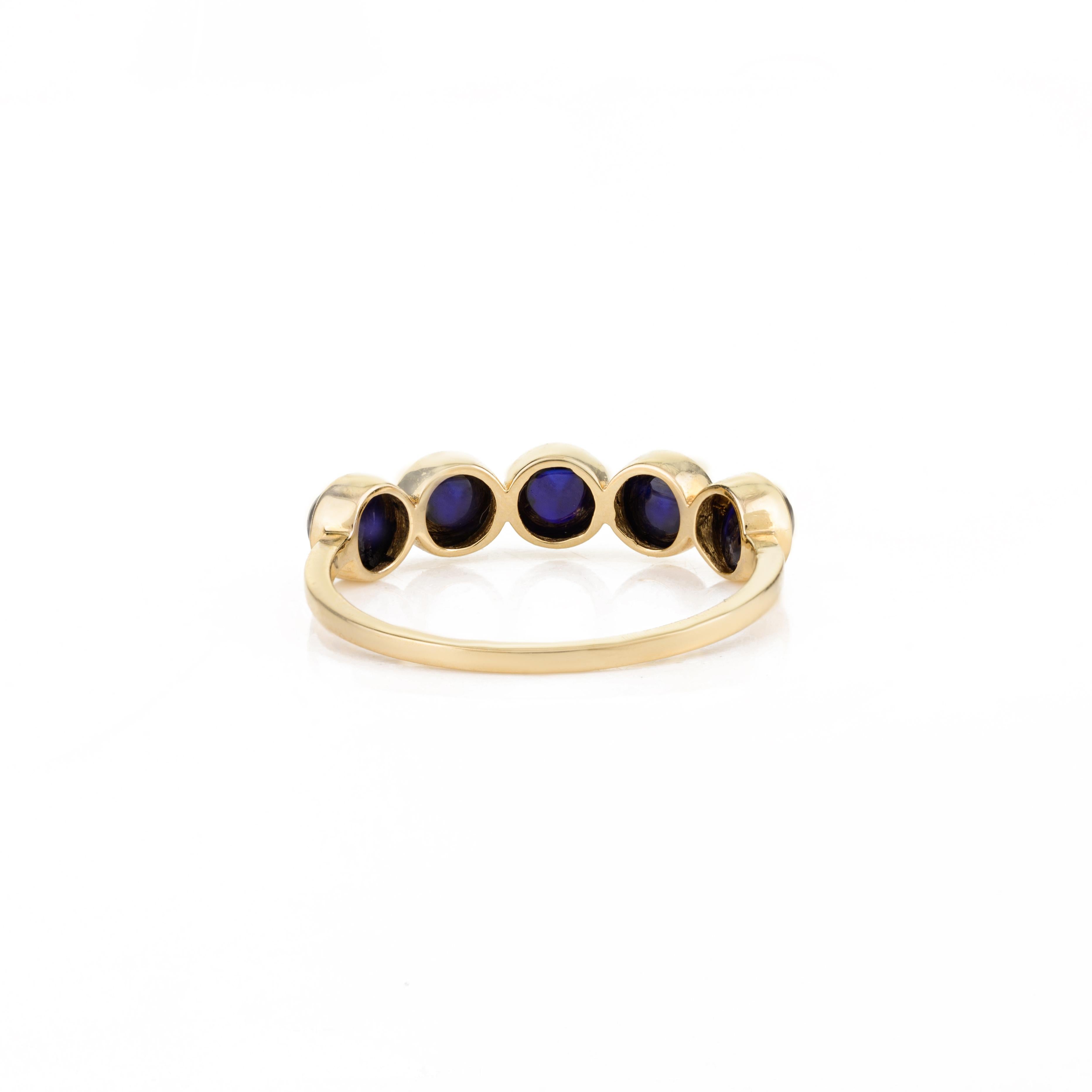 For Sale:  14k Solid Yellow Gold Round Cabochon Blue Sapphire Half Eternity Band Ring 5