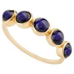 14k Solid Yellow Gold Round Cabochon Blue Sapphire Half Eternity Band Ring