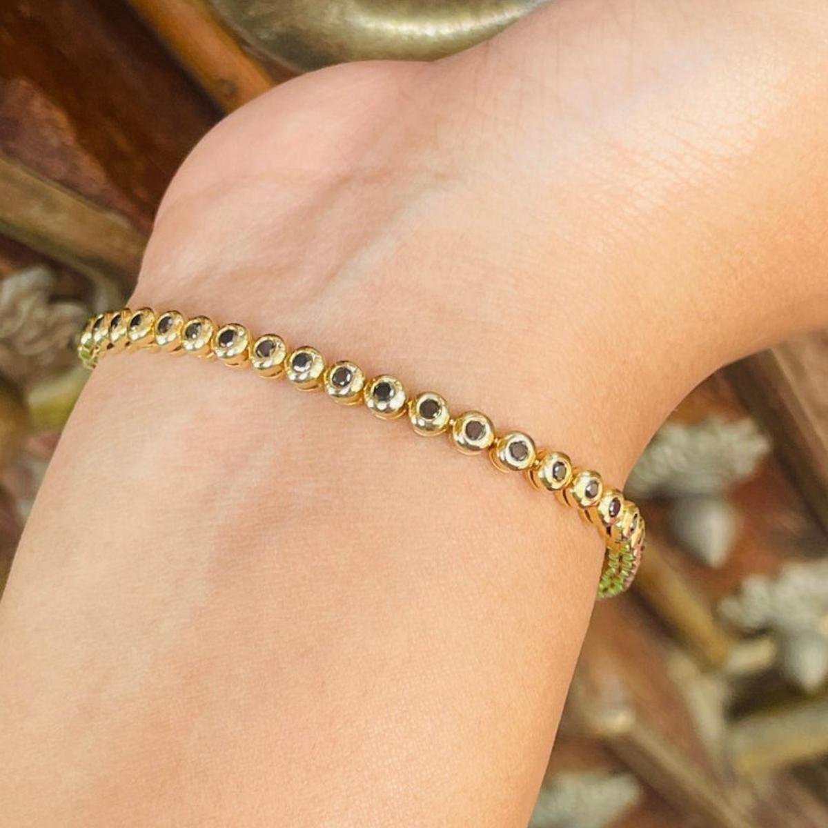 14k Solid Yellow Gold Round Cut Mounted Black Diamond Tennis Bracelet for Women For Sale 5