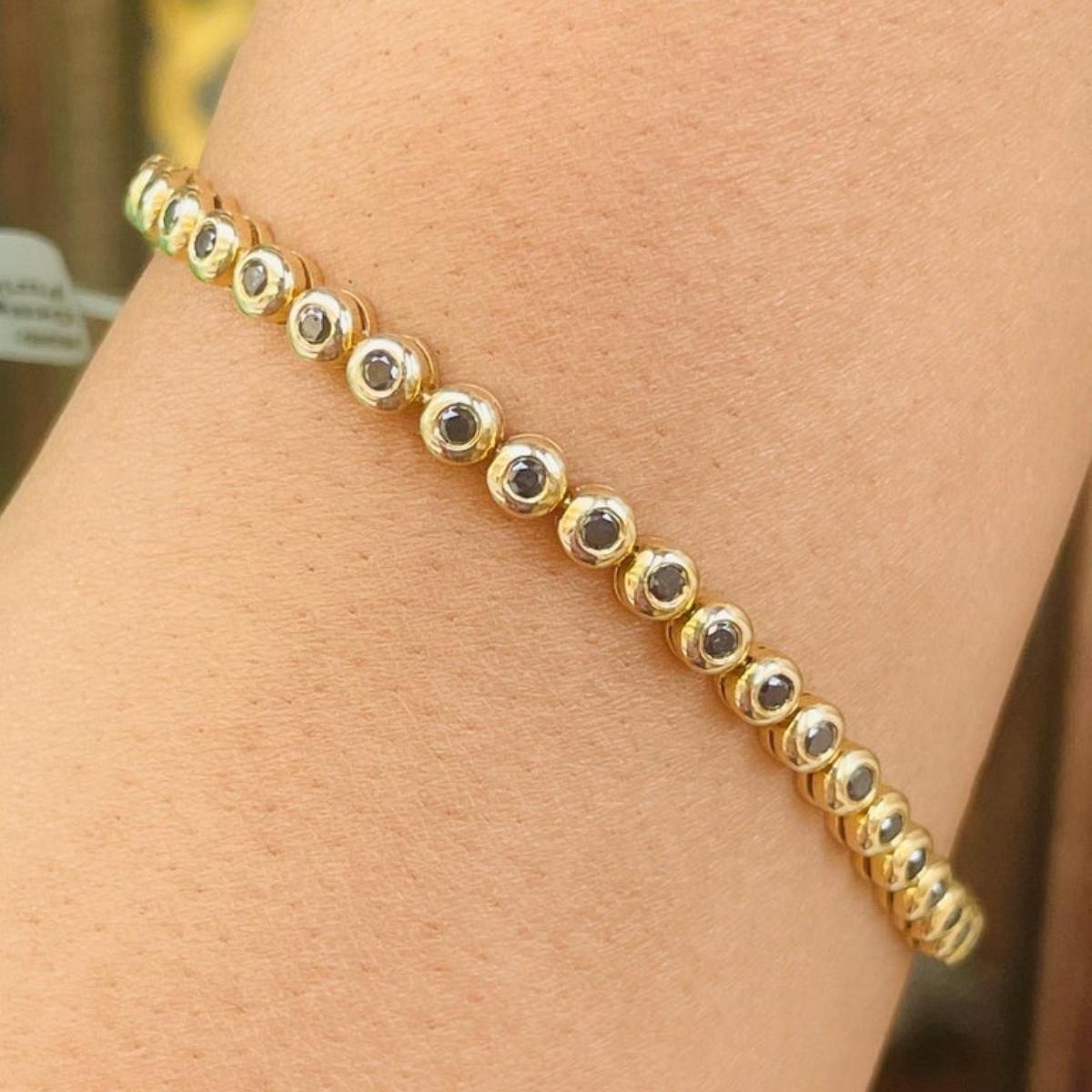 14k Solid Yellow Gold Round Cut Mounted Black Diamond Tennis Bracelet for Women For Sale 1