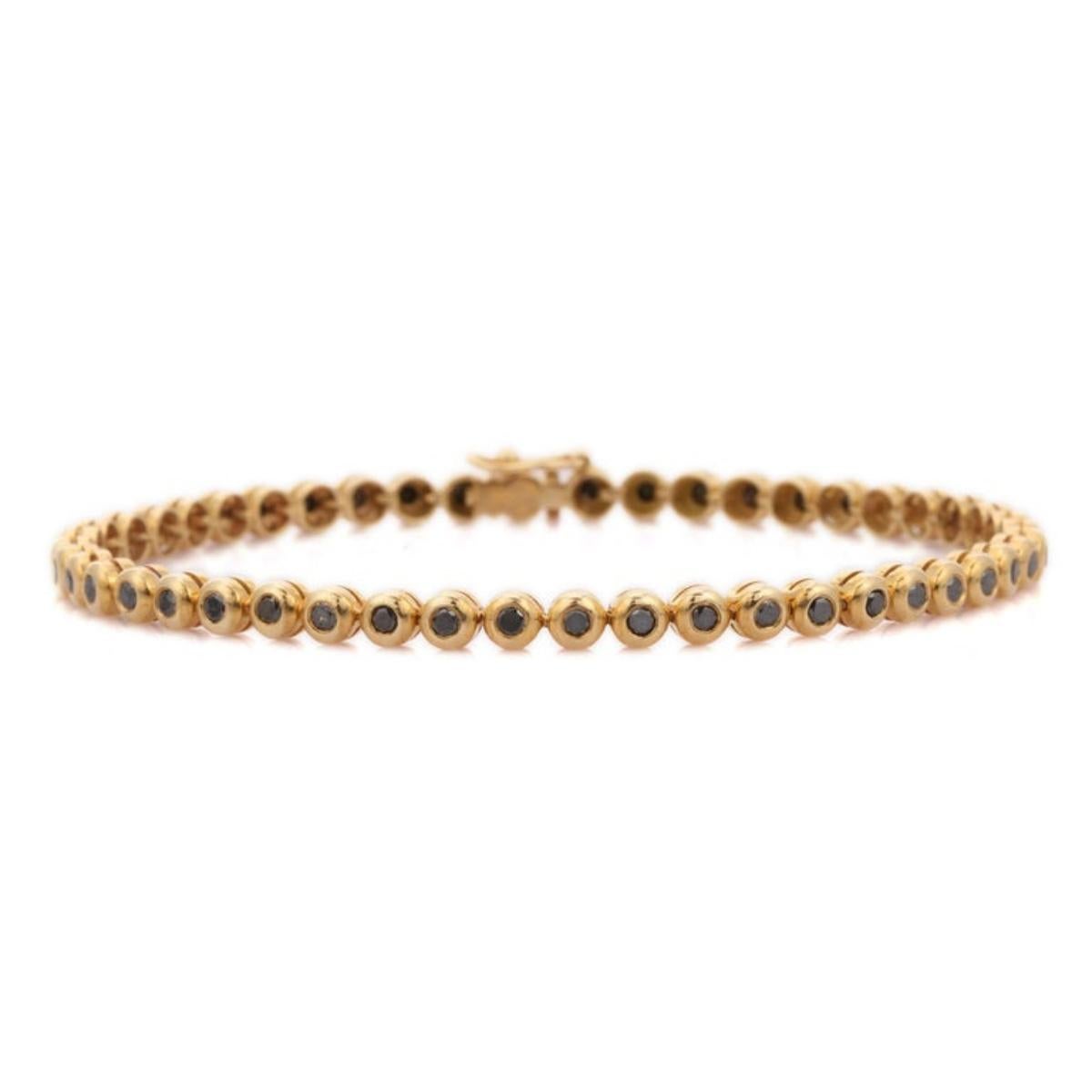 14k Solid Yellow Gold Round Cut Mounted Black Diamond Tennis Bracelet for Women For Sale 2