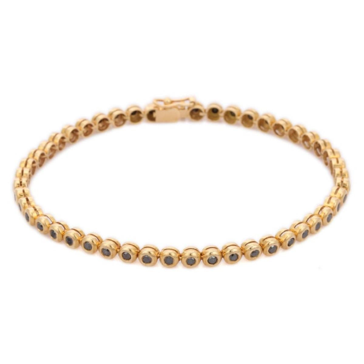 14k Solid Yellow Gold Round Cut Mounted Black Diamond Tennis Bracelet for Women For Sale 4