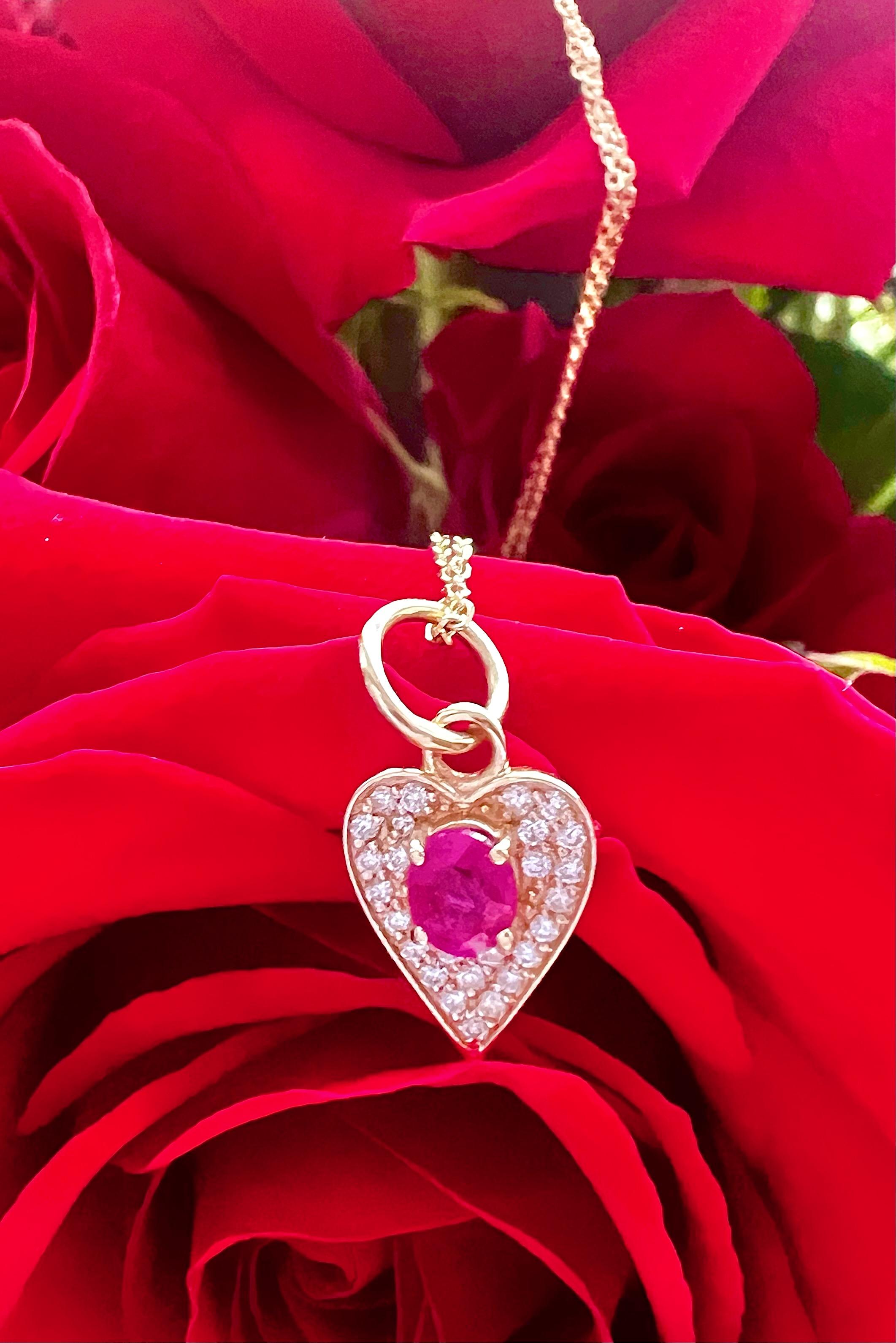 Simple and cute Ruby necklace with diamond accents. Ruby is a classic, suitable for everyday wear. 
14K solid Yellow Gold chain. 
Length 16 inches.
It is stamped with 
