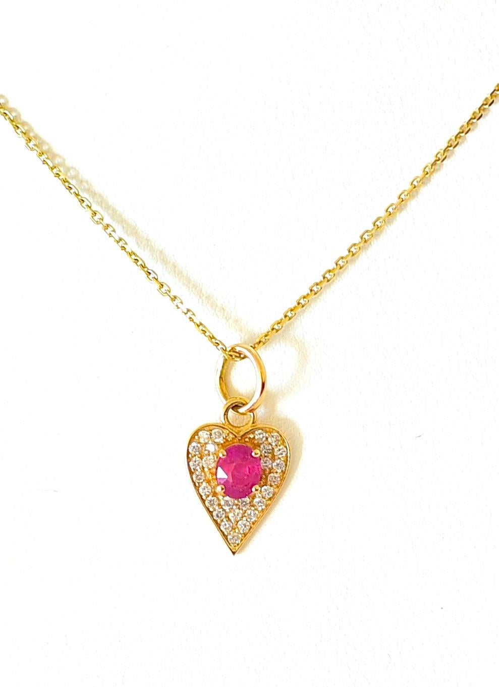Modern 14K Solid Yellow Gold, Ruby and Diamond Accents Necklace.