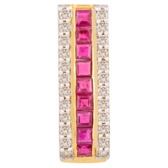 14k Solid Yellow Gold Ruby Gemstone and Halo Diamond Bar Pendant for Her