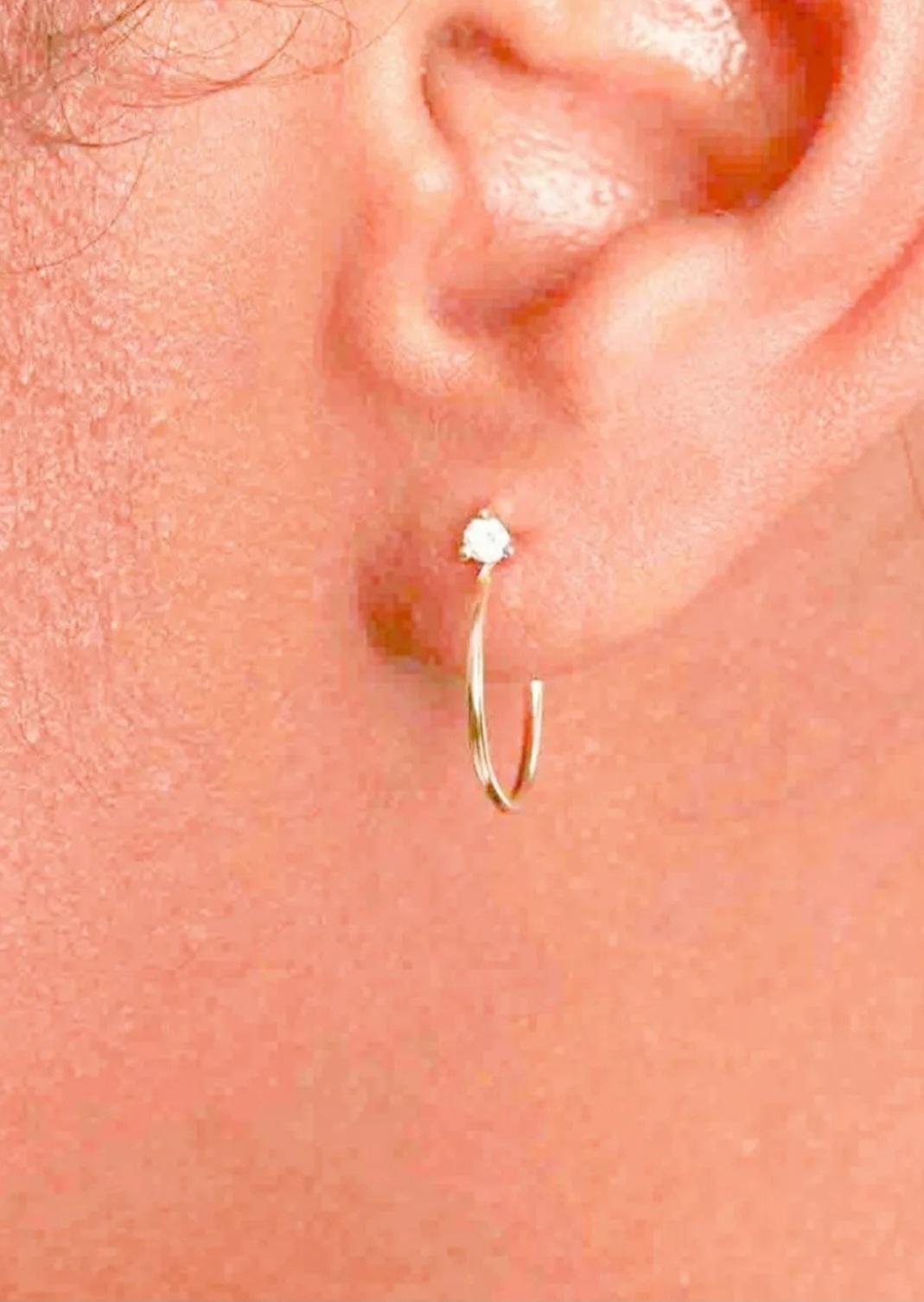 14K Solid Yellow Gold Solitaire Diamond Hoop Earrings Dainty Spiral Earring For Sale 4