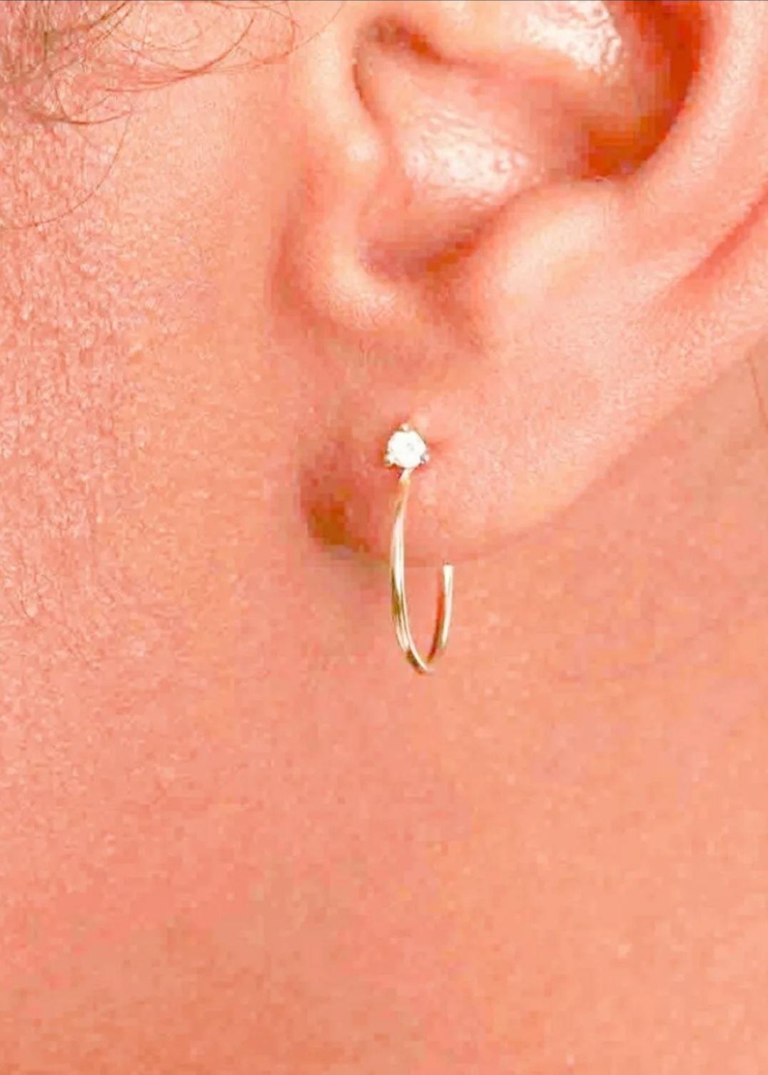 Art Deco 14K Solid Yellow Gold Solitaire Diamond Hoop Earrings Dainty Spiral Earring For Sale