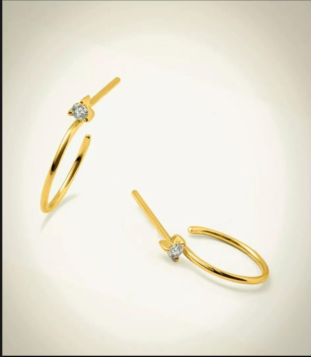 Round Cut 14K Solid Yellow Gold Solitaire Diamond Hoop Earrings Dainty Spiral Earring For Sale