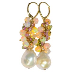 14K Solid Yellow Gold, South Sea Pearl and Sapphire Earrings
