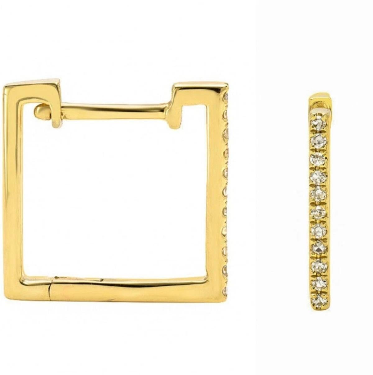 Art Déco Orecchino a cerchio quadrato con diamante in oro giallo massiccio 14K Orecchino a cerchio delicato. in vendita