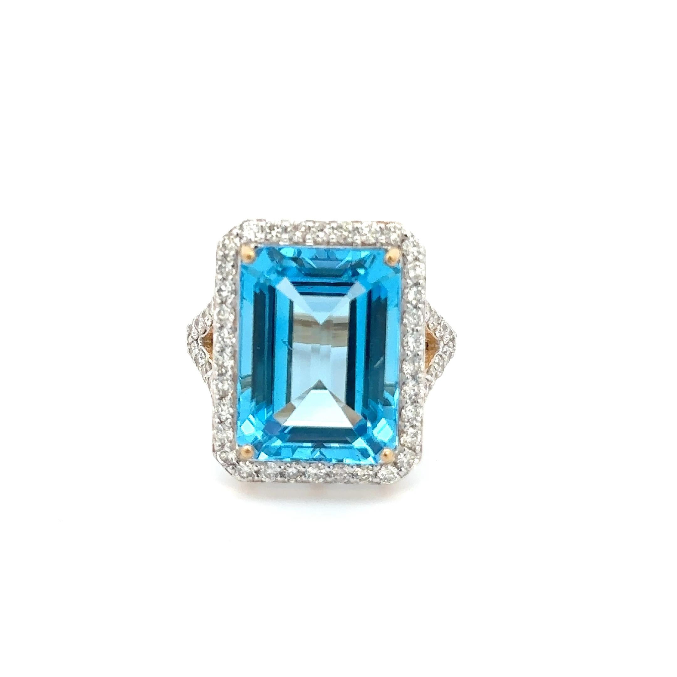 For Sale:  14k Solid Yellow Gold Large 15.41 CTW Blue Topaz Halo Diamond Cocktail Ring 2