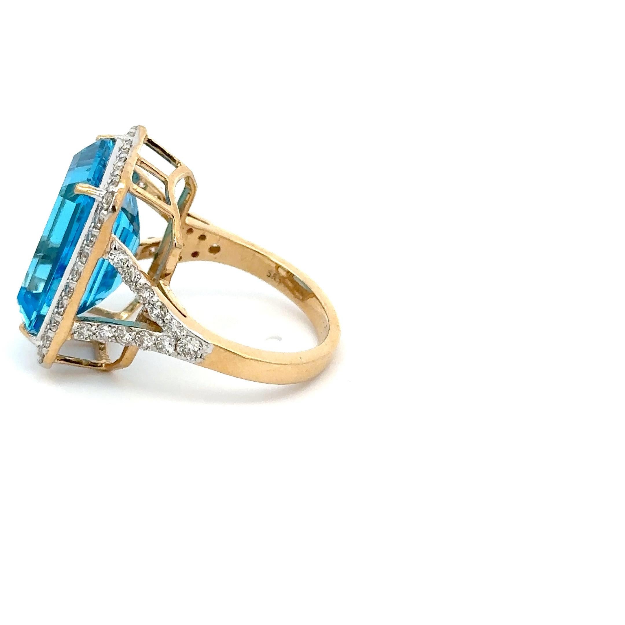 For Sale:  14k Solid Yellow Gold Large 15.41 CTW Blue Topaz Halo Diamond Cocktail Ring 4