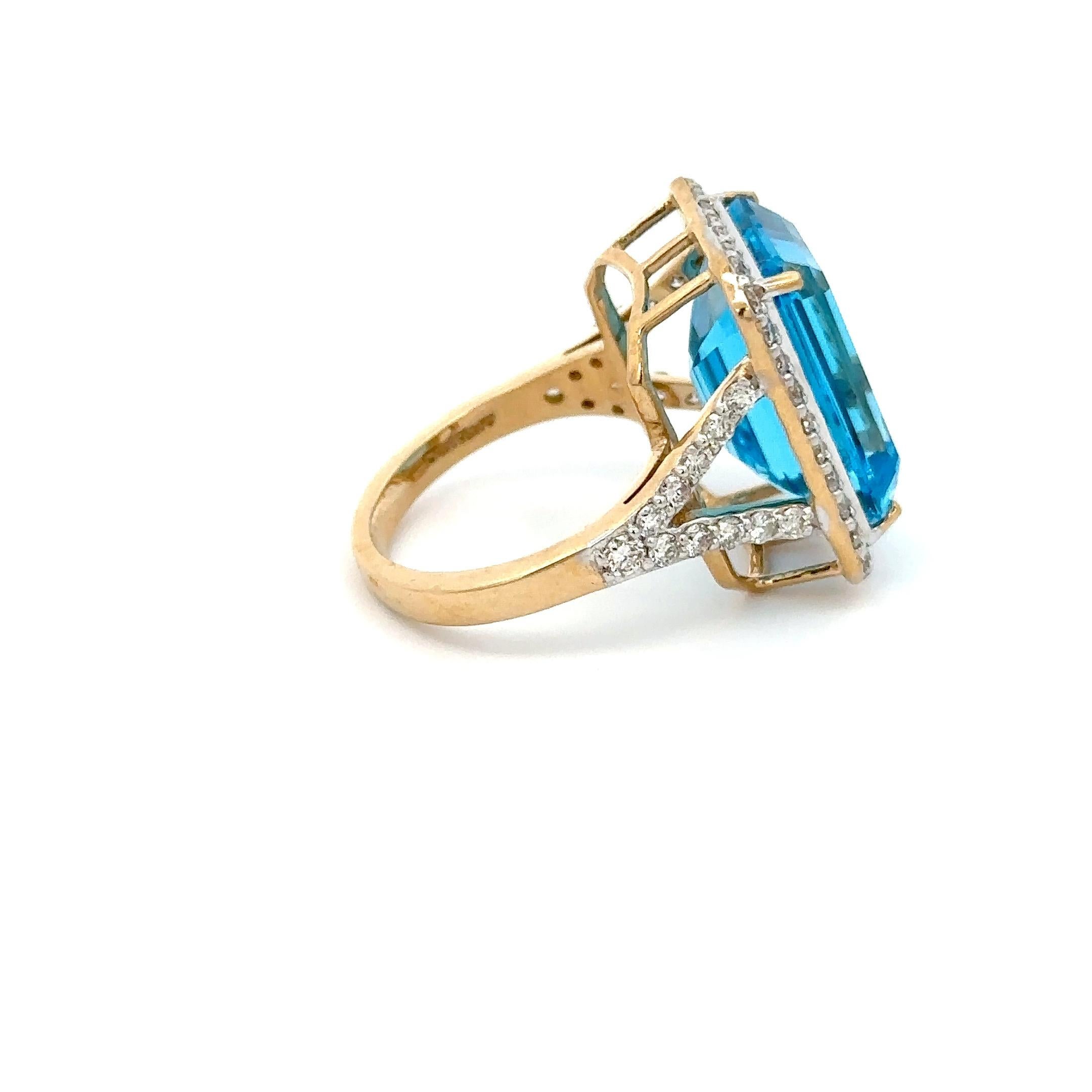 For Sale:  14k Solid Yellow Gold Large 15.41 CTW Blue Topaz Halo Diamond Cocktail Ring 8