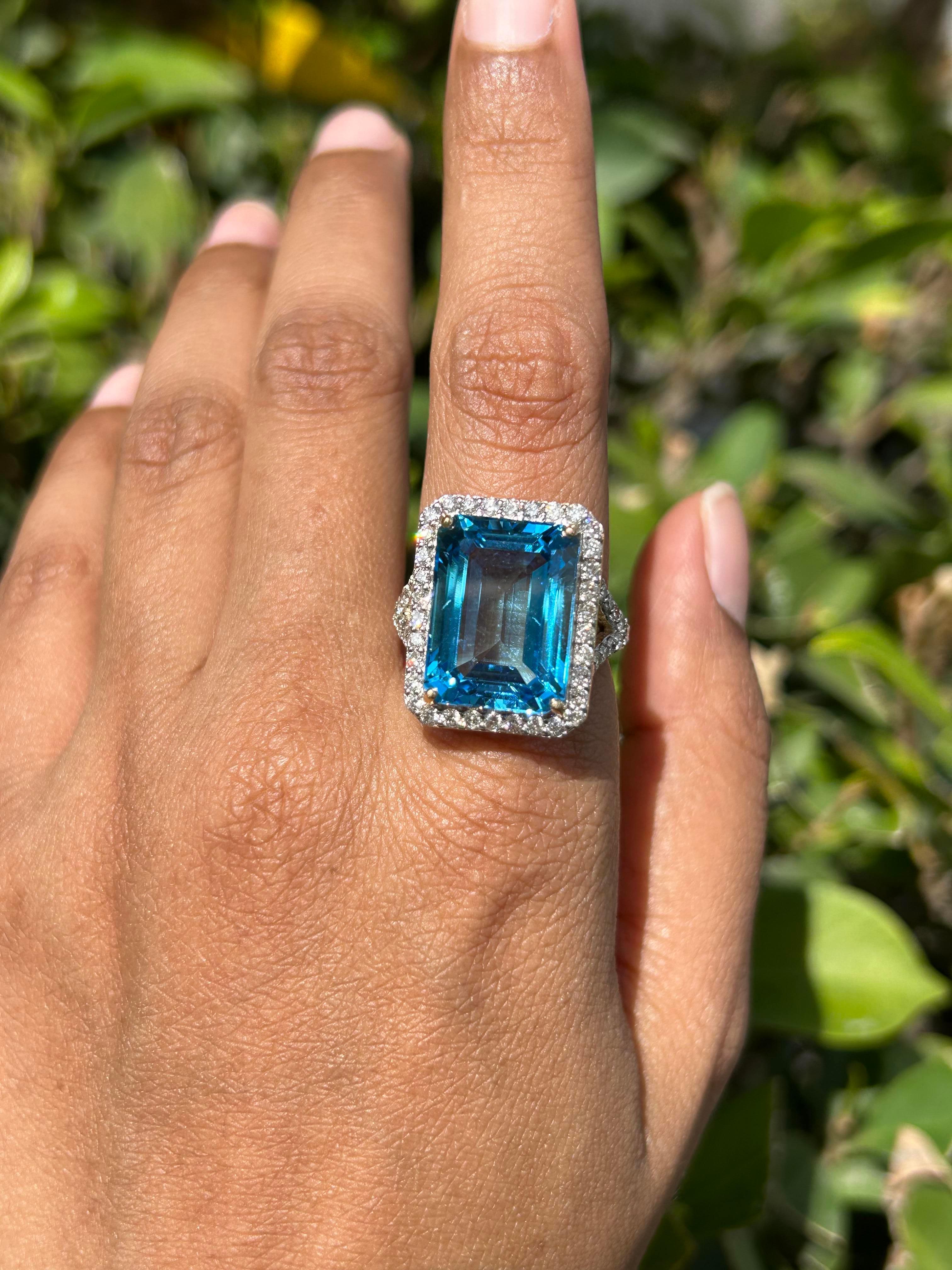 For Sale:  14k Solid Yellow Gold Large 15.41 CTW Blue Topaz Halo Diamond Cocktail Ring 9