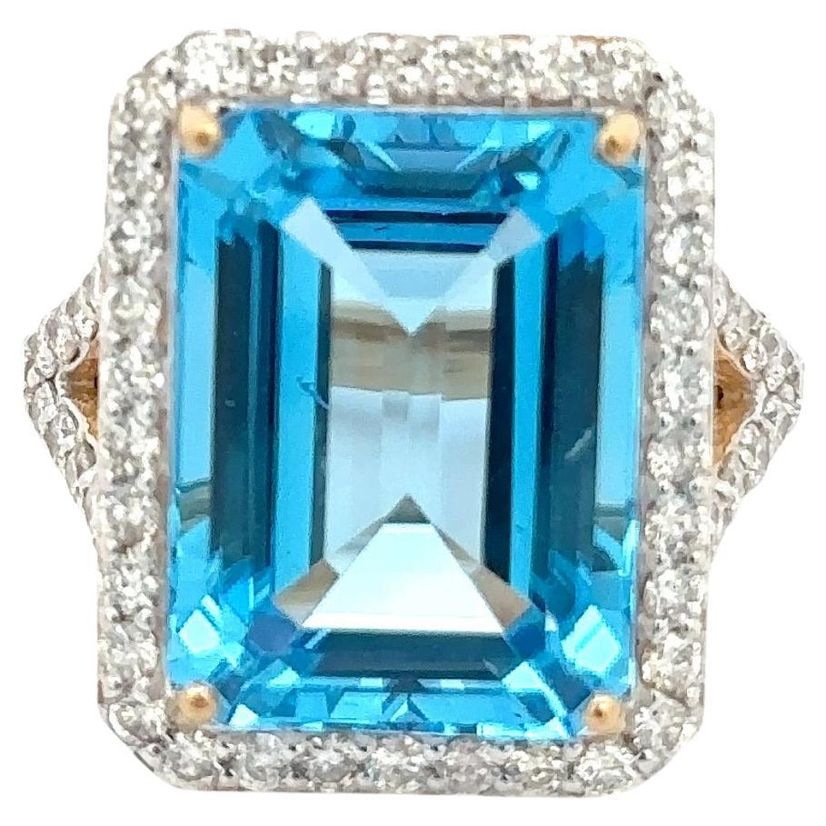 For Sale:  14k Solid Yellow Gold Large 15.41 CTW Blue Topaz Halo Diamond Cocktail Ring