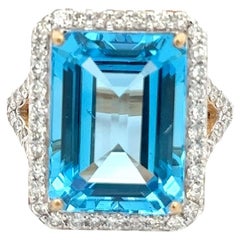 14k Solid Yellow Gold Large 15.41 CTW Blue Topaz Halo Diamond Cocktail Ring