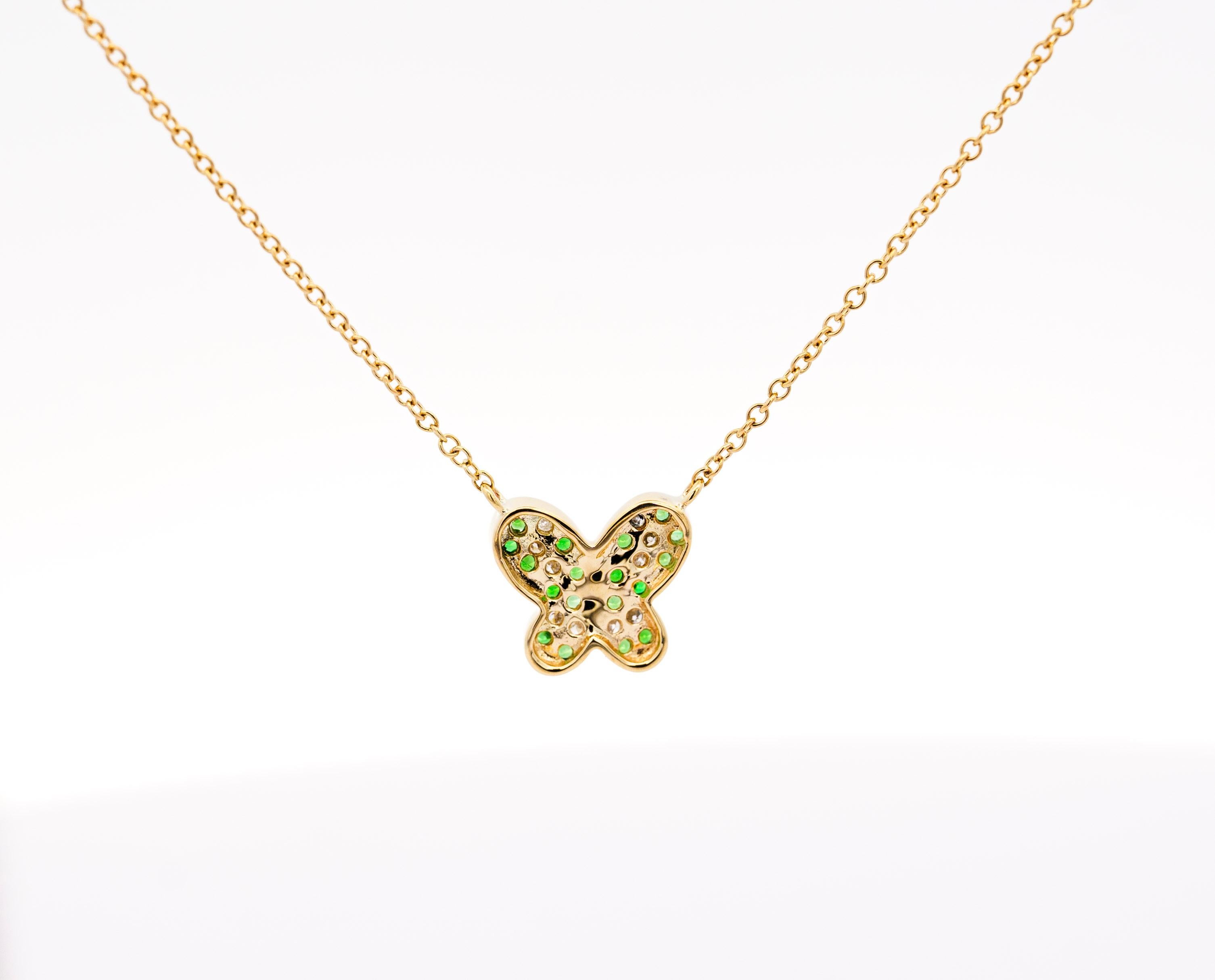 Women's 14k Solid Yellow Gold Tsavorite Butterfly Charm Floating Pendant Necklace For Sale