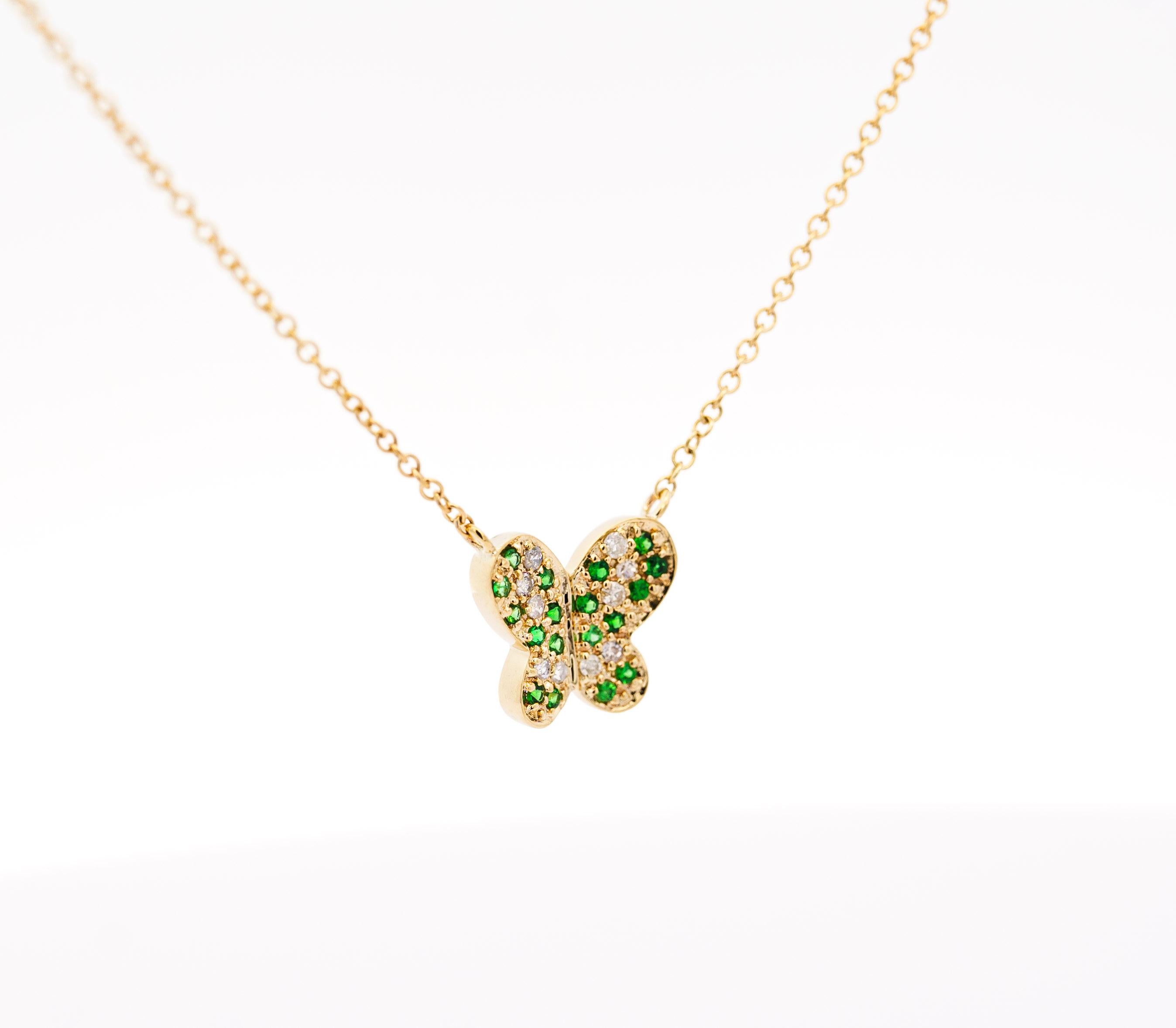 14k Solid Yellow Gold Tsavorite Butterfly Charm Floating Pendant Necklace For Sale 2