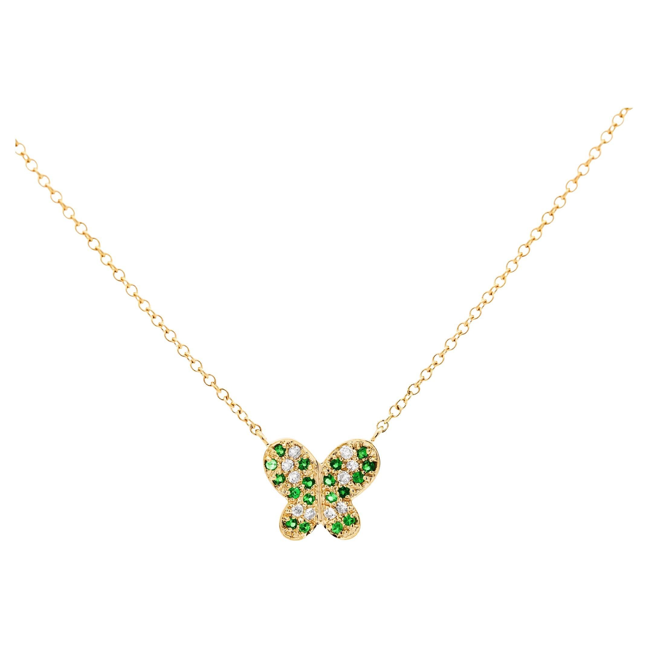 14k Solid Yellow Gold Tsavorite Butterfly Charm Floating Pendant Necklace For Sale