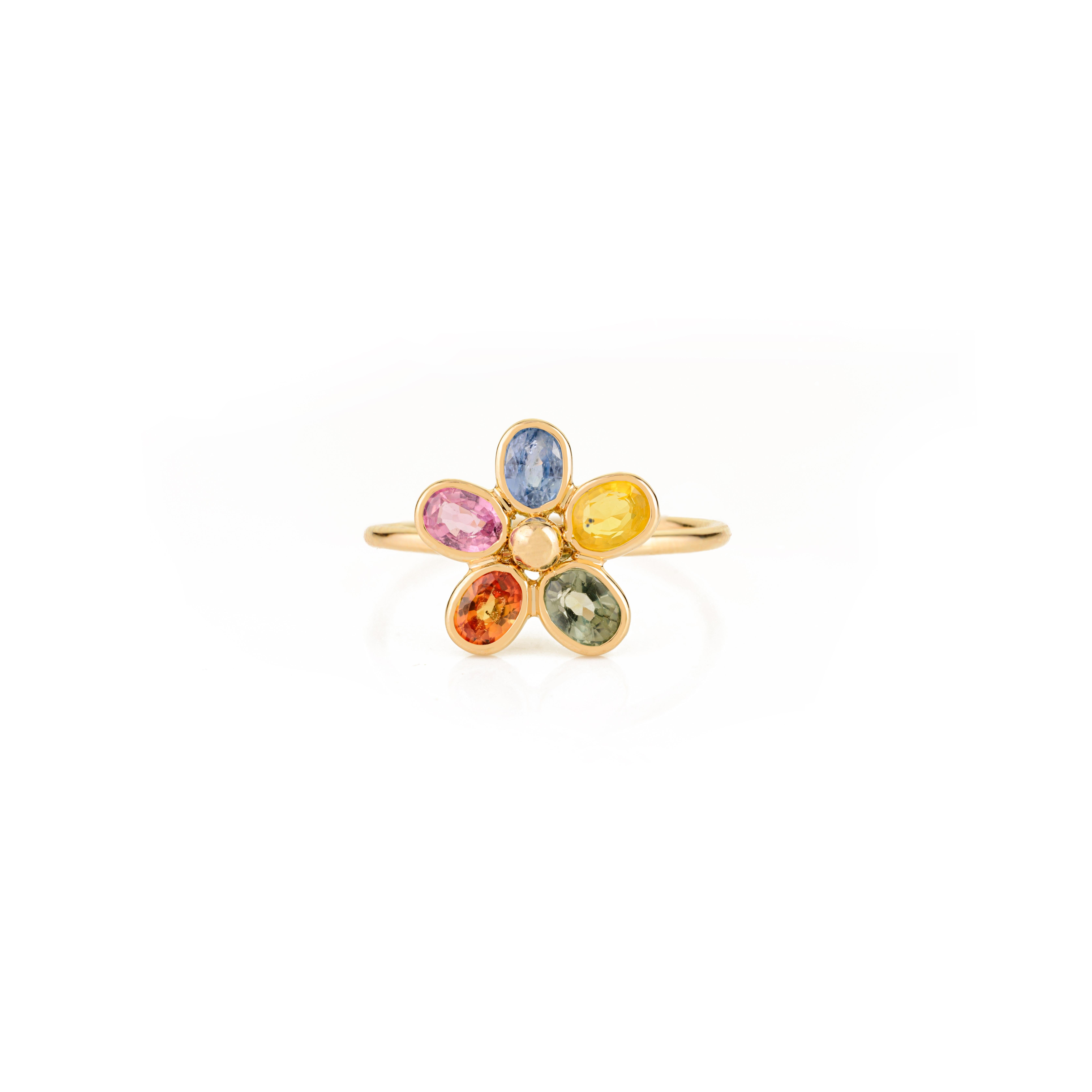 Im Angebot: 14K massivem Gelbgold mit natürlichen Multi-Color Saphir Floral Ring für Frauen () 3