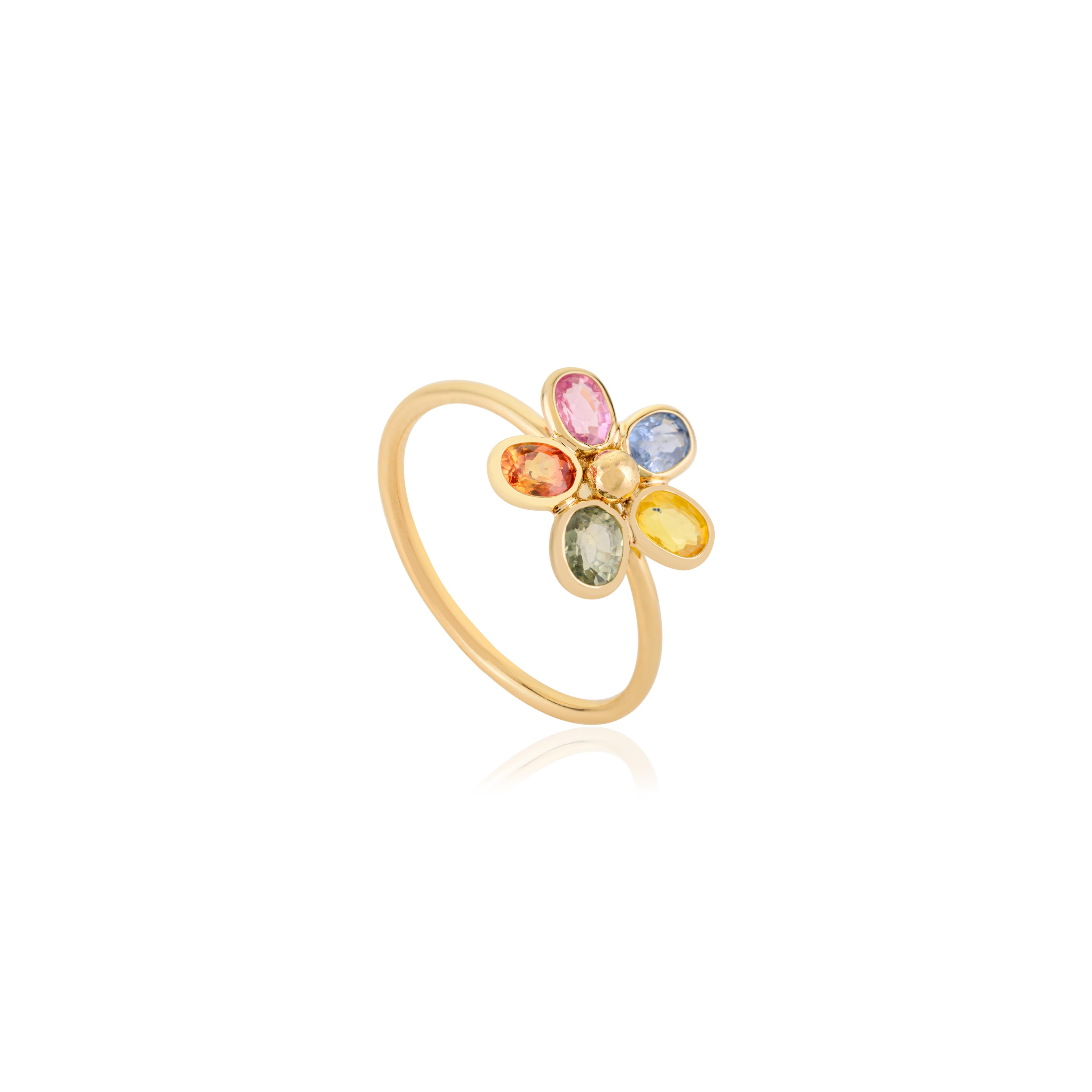 Im Angebot: 14K massivem Gelbgold mit natürlichen Multi-Color Saphir Floral Ring für Frauen () 5
