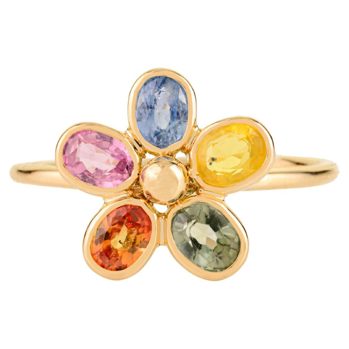 Im Angebot: 14K massivem Gelbgold mit natürlichen Multi-Color Saphir Floral Ring für Frauen ()