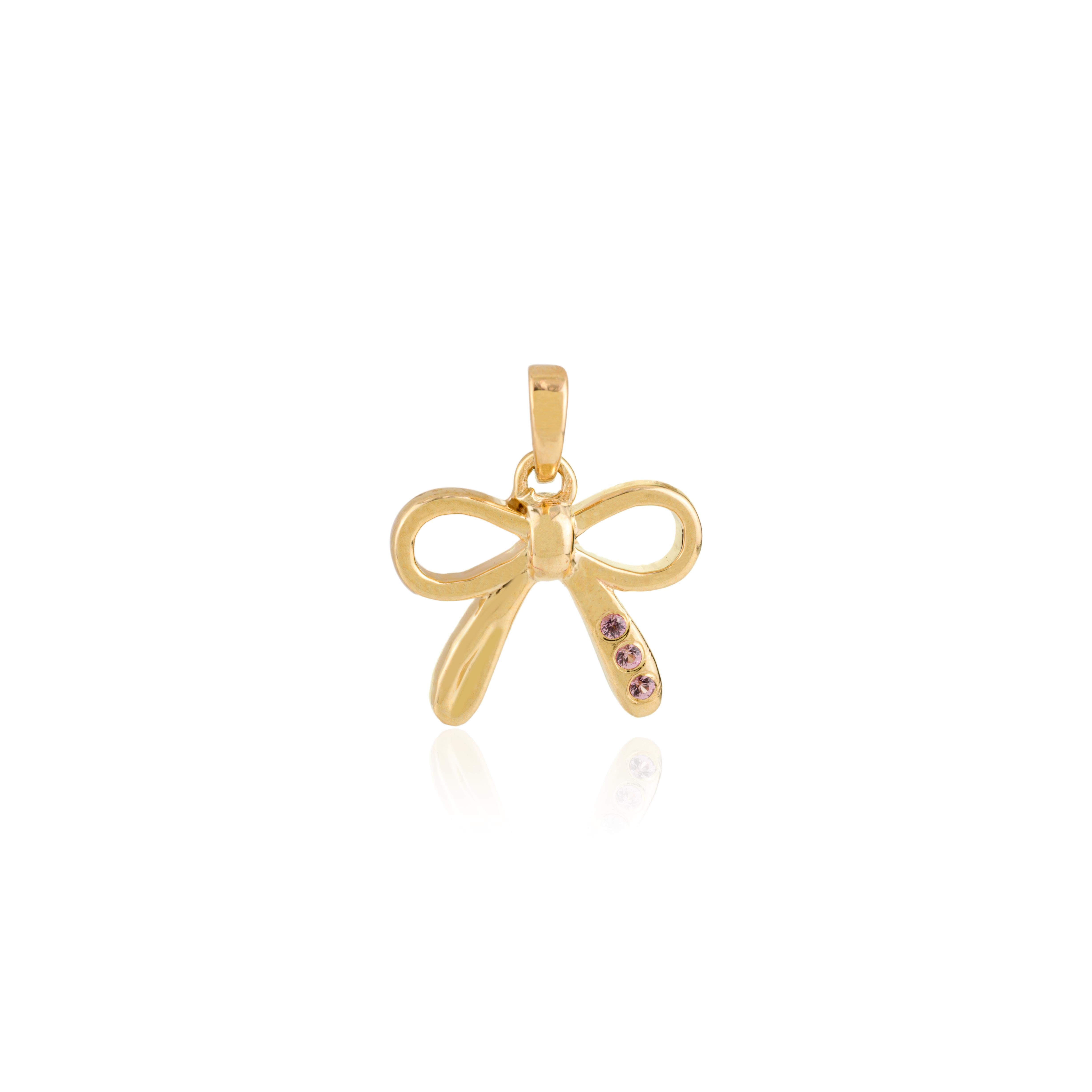 Moderniste 14k Or jaune massif avec saphir rose Charmant pendentif en forme de noeud Cadeau pour Elle en vente