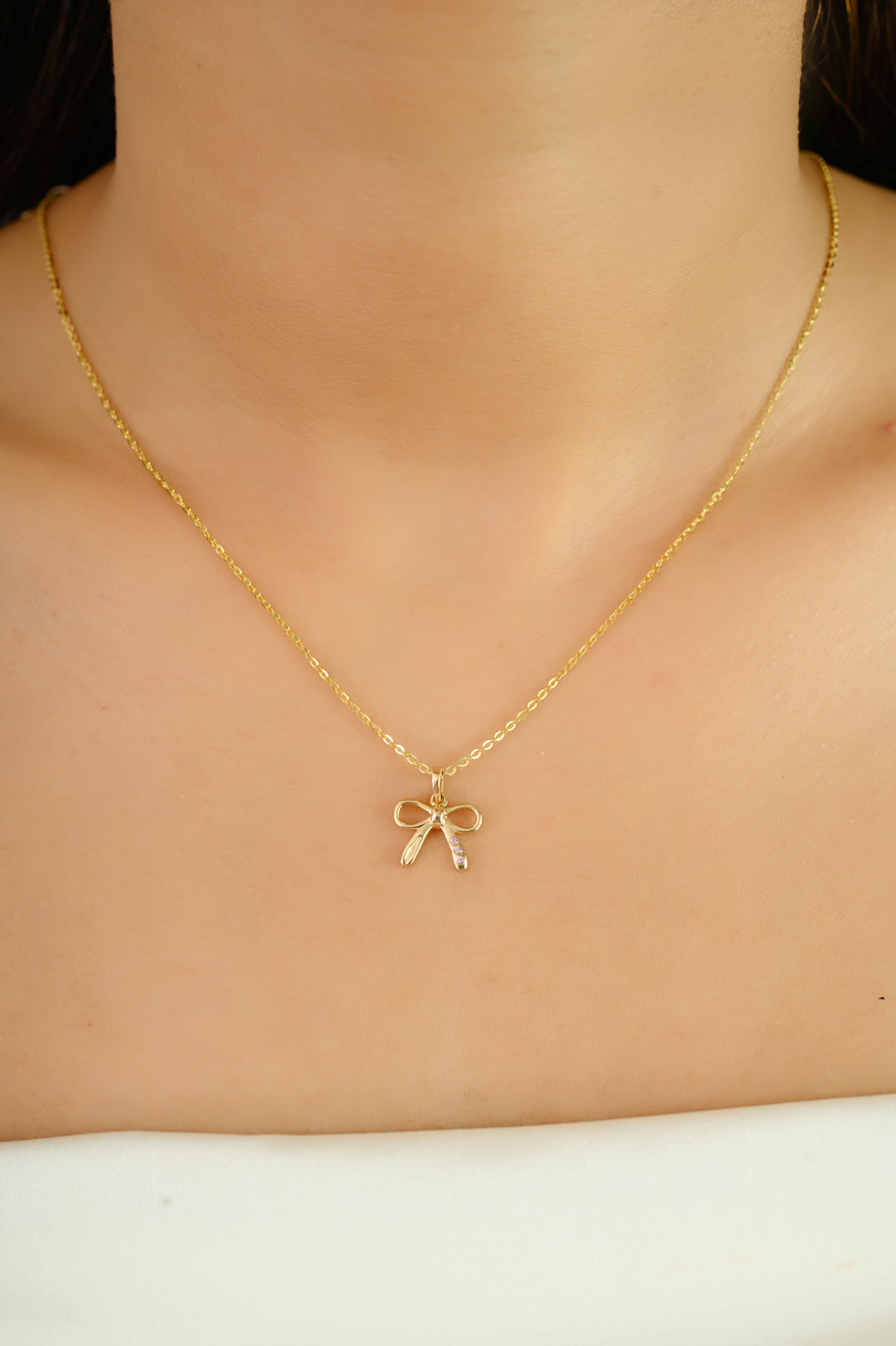 Taille ronde 14k Or jaune massif avec saphir rose Charmant pendentif en forme de noeud Cadeau pour Elle en vente