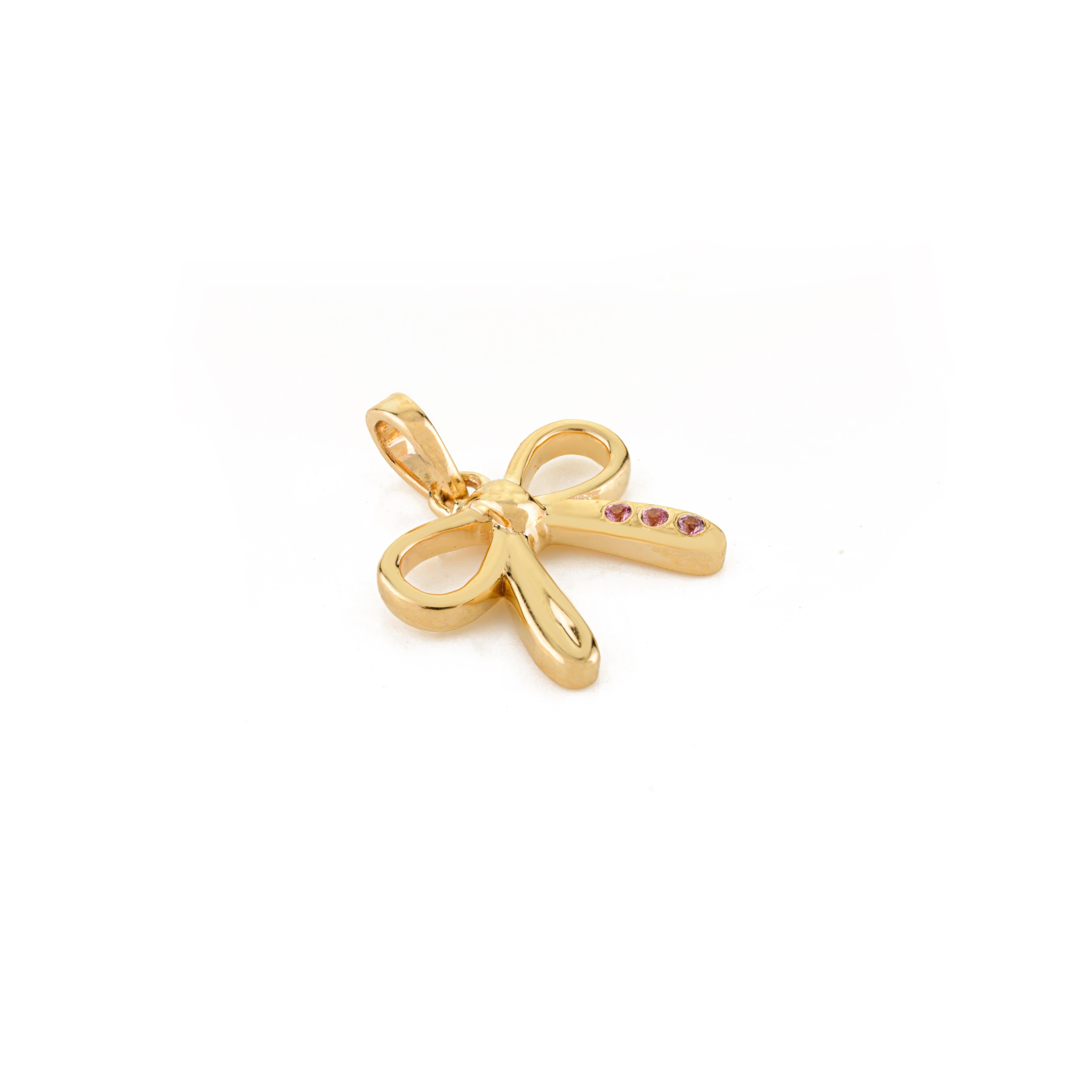 14k Or jaune massif avec saphir rose Charmant pendentif en forme de noeud Cadeau pour Elle en vente 3