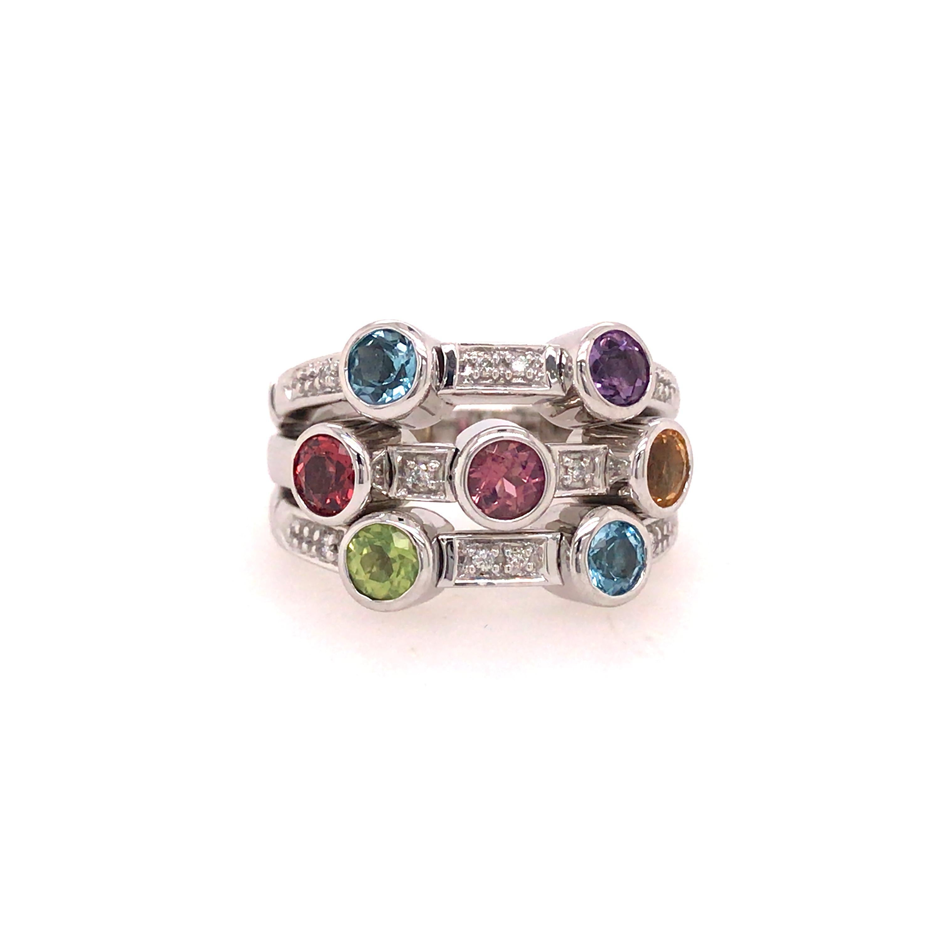 Sonia B Designs Gemstone and Diamond 3-Row Ring in 14K White Gold.  (10) Round Brilliant Cut Diamonds weighing 0.05 carat total weight, G-H in color and VS in clarity are expertly set. Peridot, Amethyst, Topaz and Citrine Gemstones weighing