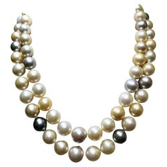 14K Südsee Perle Doppelstrang Multicolor Halskette 16,75 10,50mm bis 12,86mm