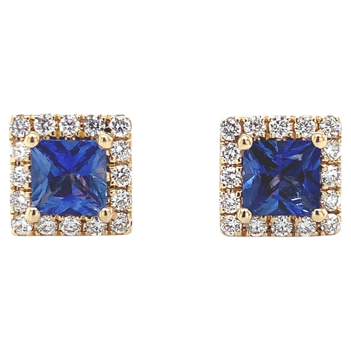 14K Square Stud Blue Sapphire Earrings with Diamond Halo