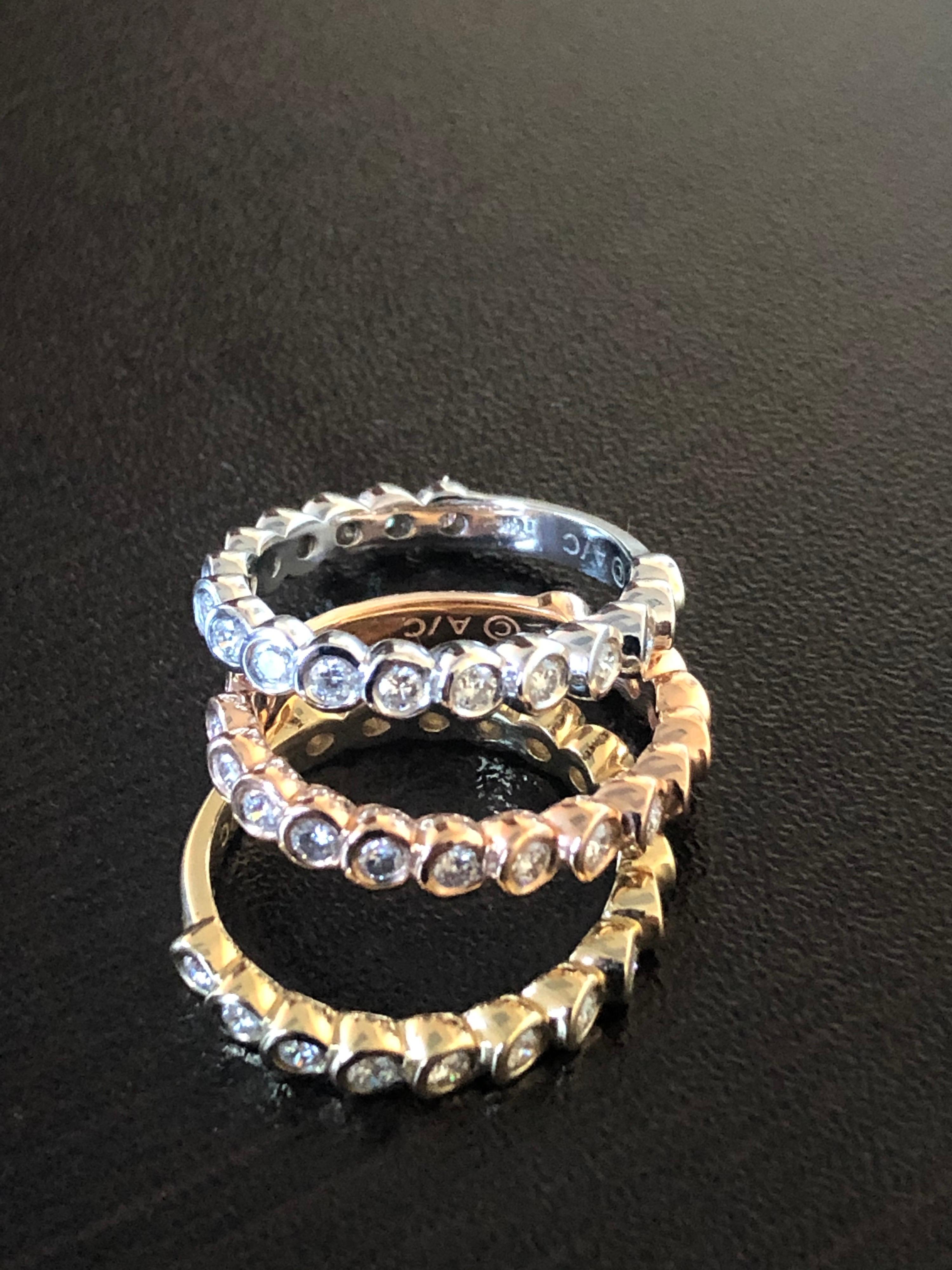 14 Karat Stackable Tricolor Bezel Diamond Rings In New Condition For Sale In Great Neck, NY