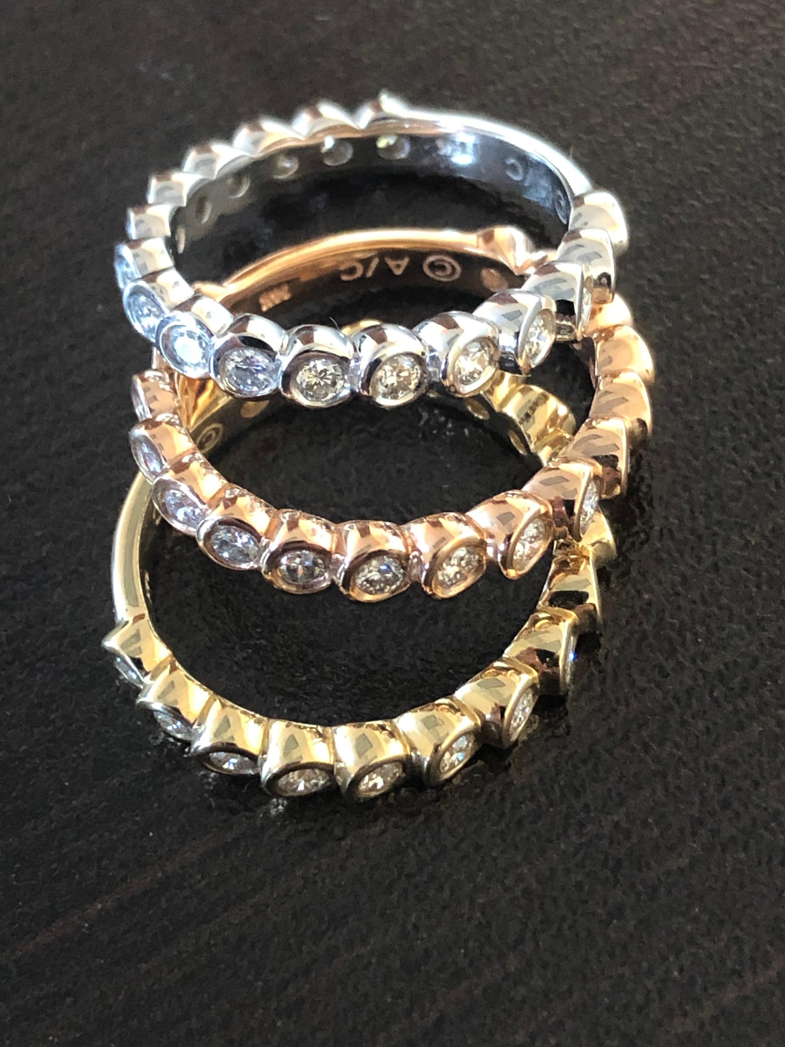 14 Karat Stackable Tricolor Bezel Diamond Rings For Sale 1